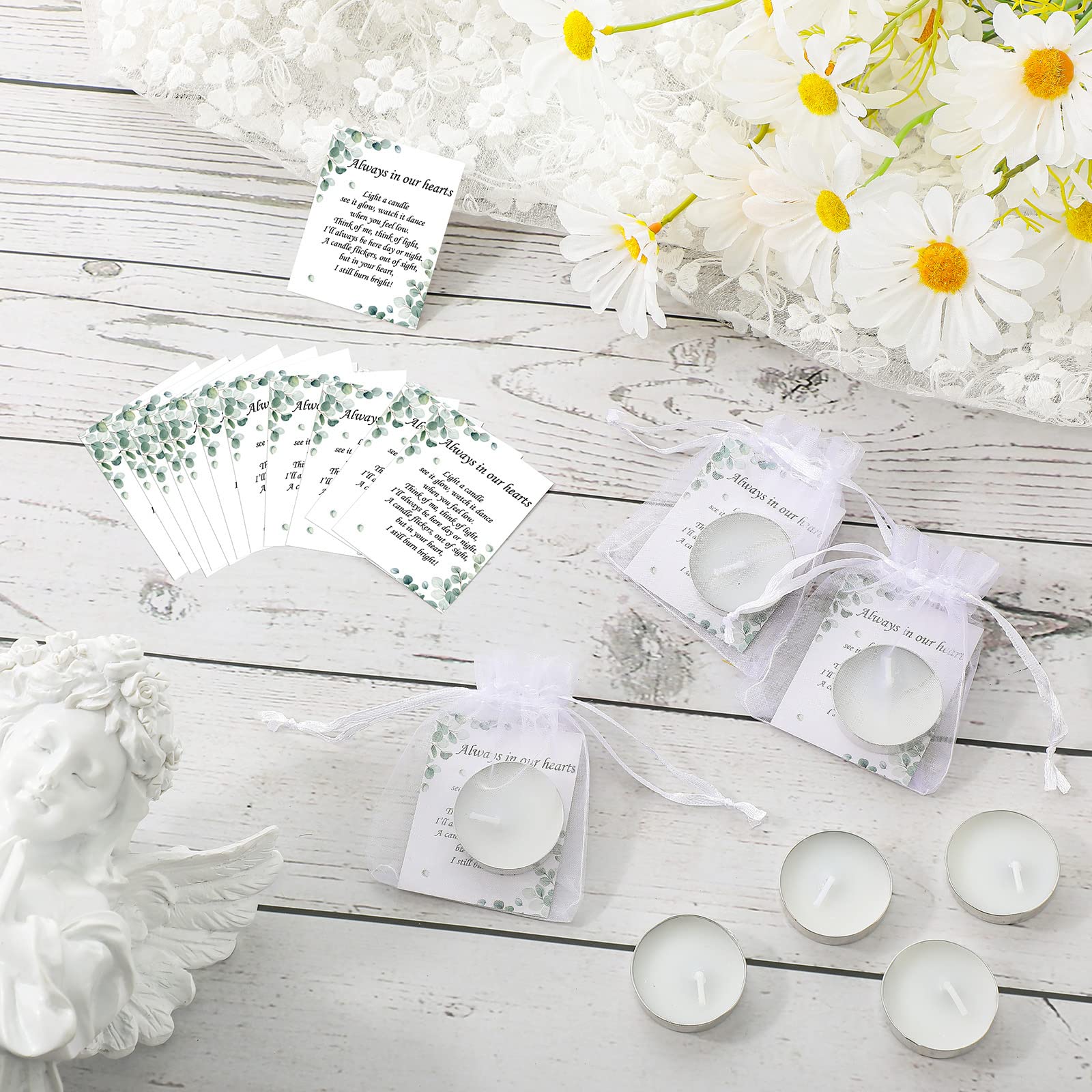 Coume 50 Set Unscented Tealight Candles with Organza Bags & Cards - White Memorial Party Favors for Celebration of Life