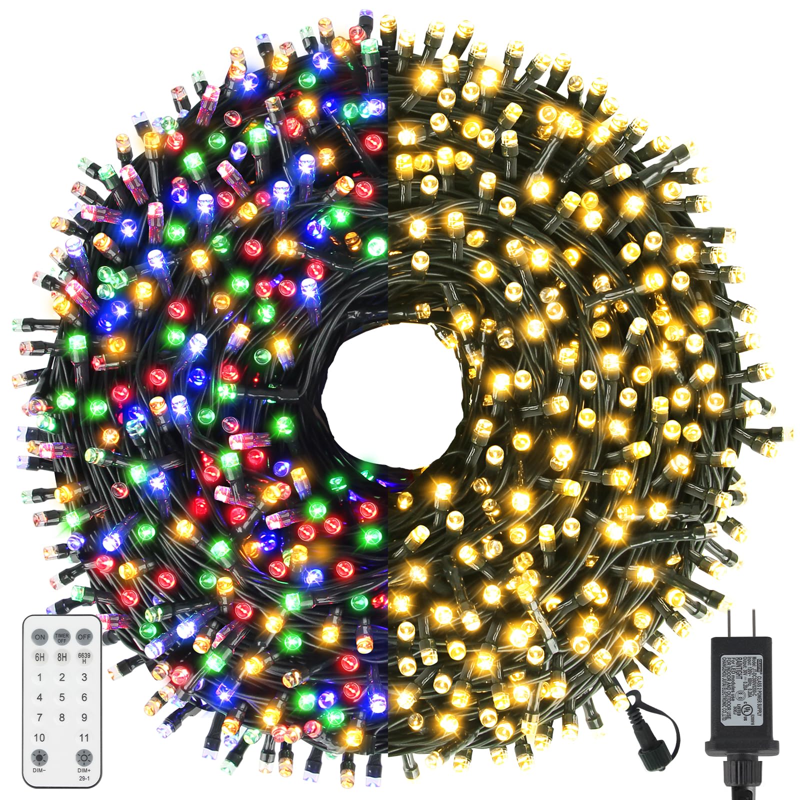 Chuya 300LED Dual Color Christmas Tree Lights, 105ft Warm White & Multicolor, Copper, Model QL300AE, 11 Modes, Indoor/Outdoor