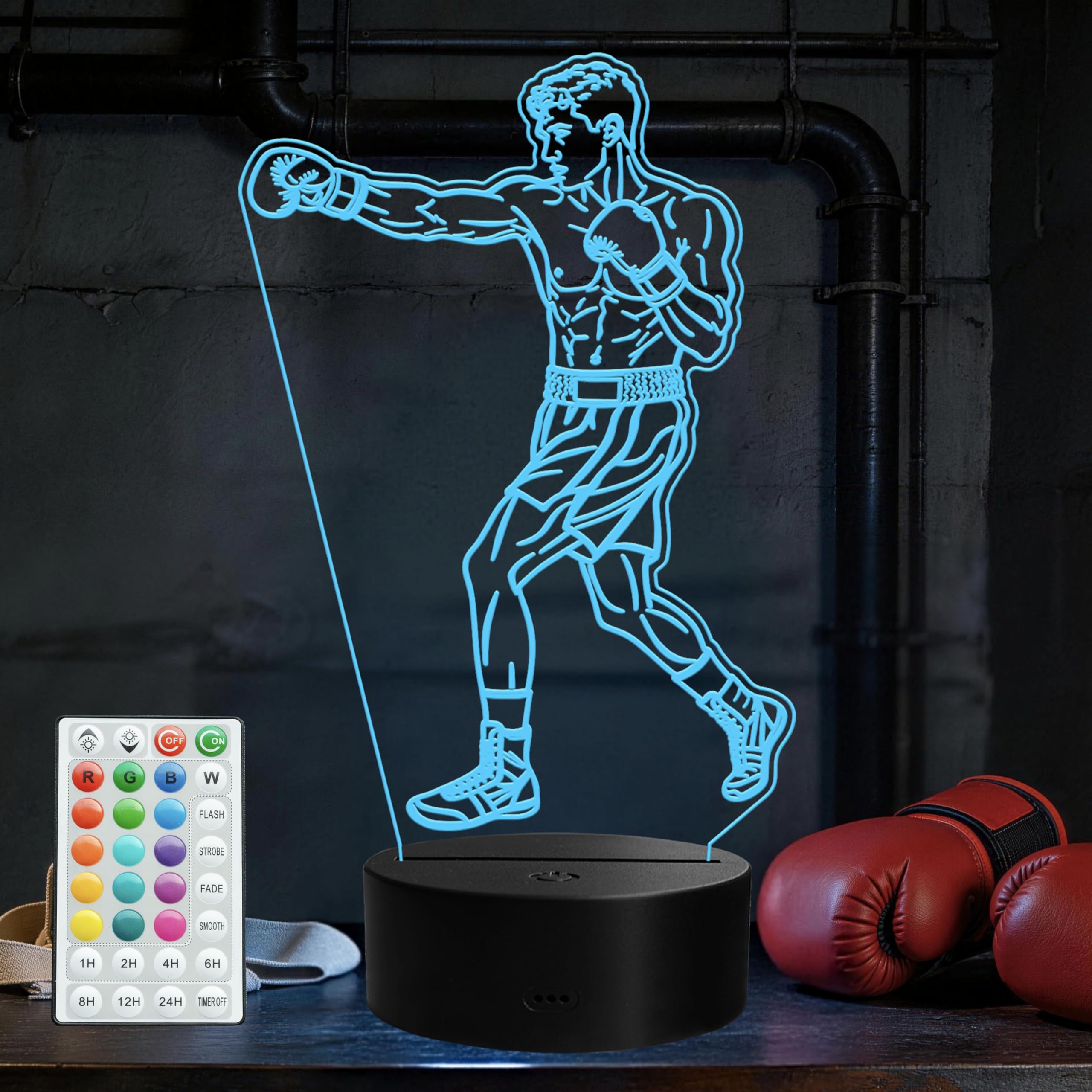 POSSHE Boxing Gifts for Boy, Boxing Night Light, 3D Illusion Lamp with Remote Control, 16 Colors Changing, RGB Flashing Mode and