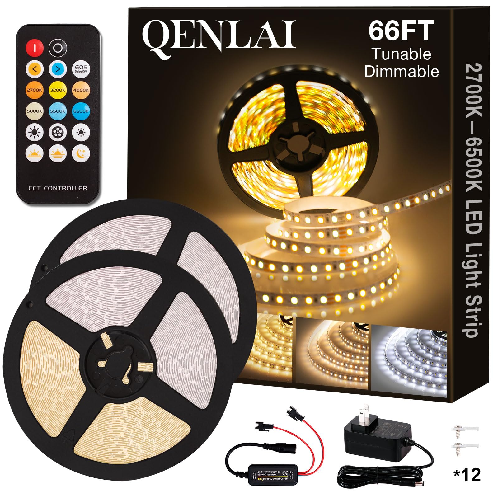 QENLAI 66ft LED Strip Lights, 2700K-6500K Tunable White LED Light Strip with Remote and Plug, 12V 2400 LEDs Dimmable Cuttable Le