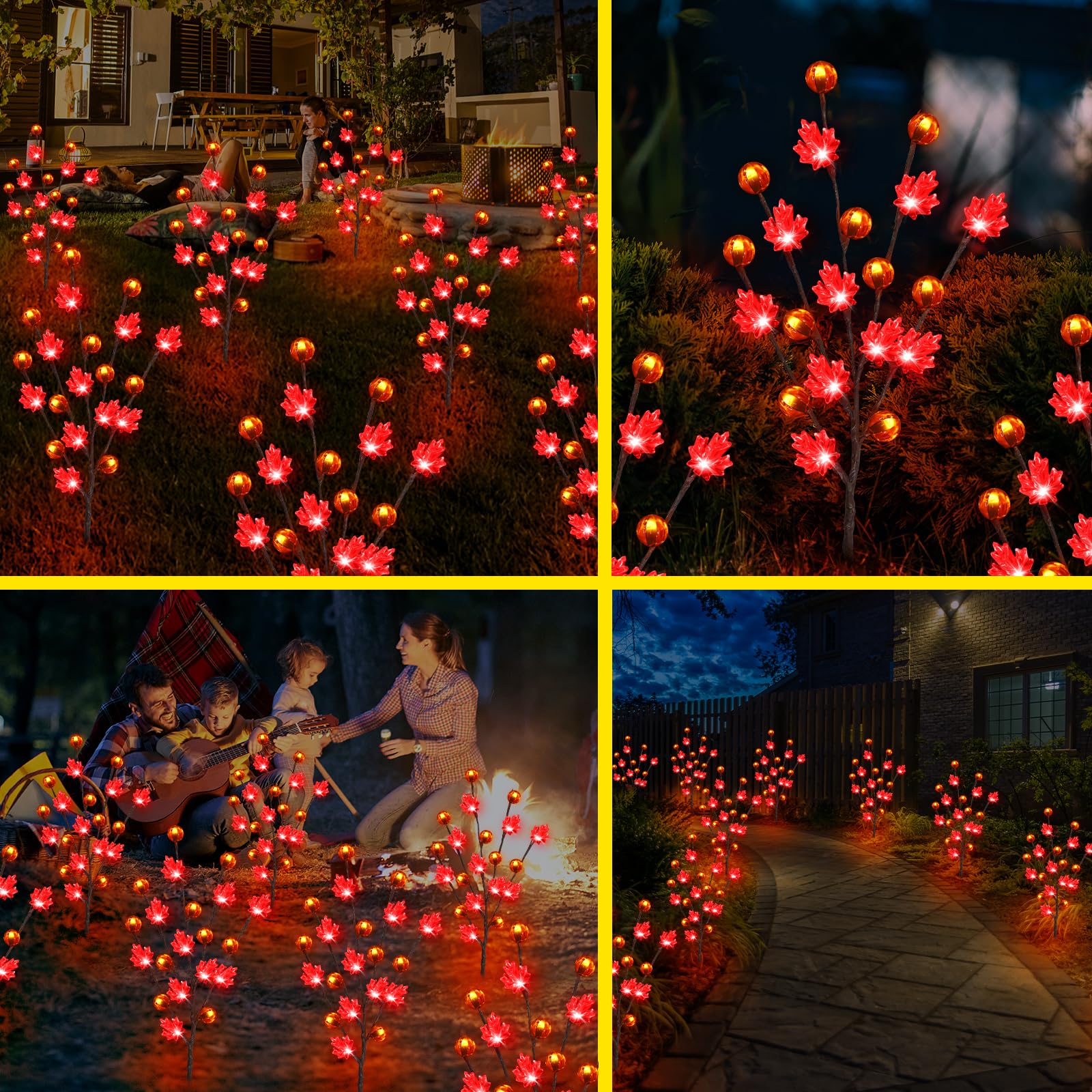 Behiller Solar Garden Path Lights, 80Led Red Maple Leaf & Pumpkin Decor For Thanksgiving 4Pack