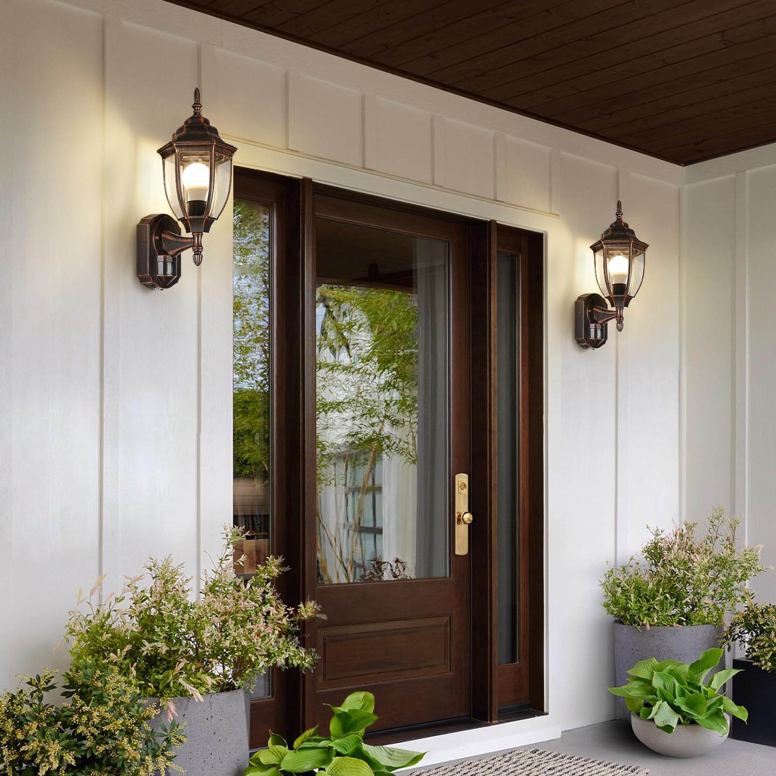 Lamomo Outdoor Wall Sconce, 2 Pack Motion Sensor Light, Waterproof Aluminum, Antique Black & Bronze Trim, Model LMM-0018-WU-SE-BG-2PUS-JP