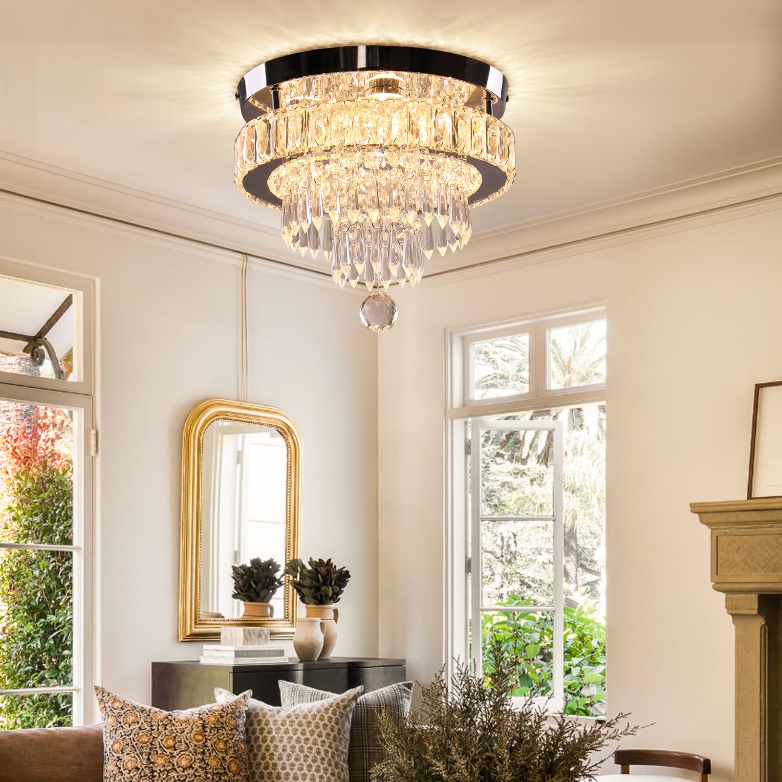 Finktonglan Square Crystal Chandelier, 13'' Dimmable Flush Mount Light with Remote - Ideal for Dining Room, Bedrooms, Living Room