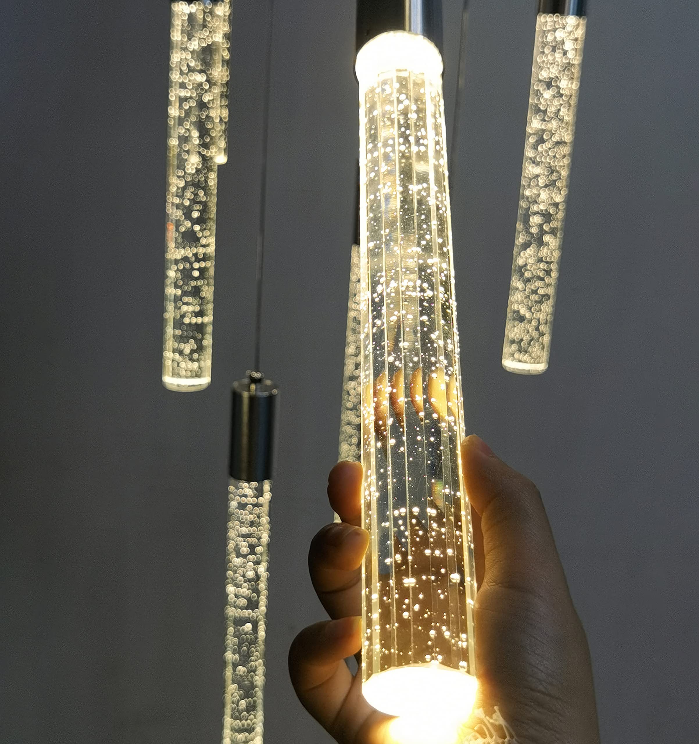 Haixiang 118 Inch Long Light Glam Chandelier Bubble Crystal Linear Ceiling Pendants Remote Dimmable Led Light High Ceiling Light Fixtures Adjustable Long Lights 12-Lights Silver Lamp