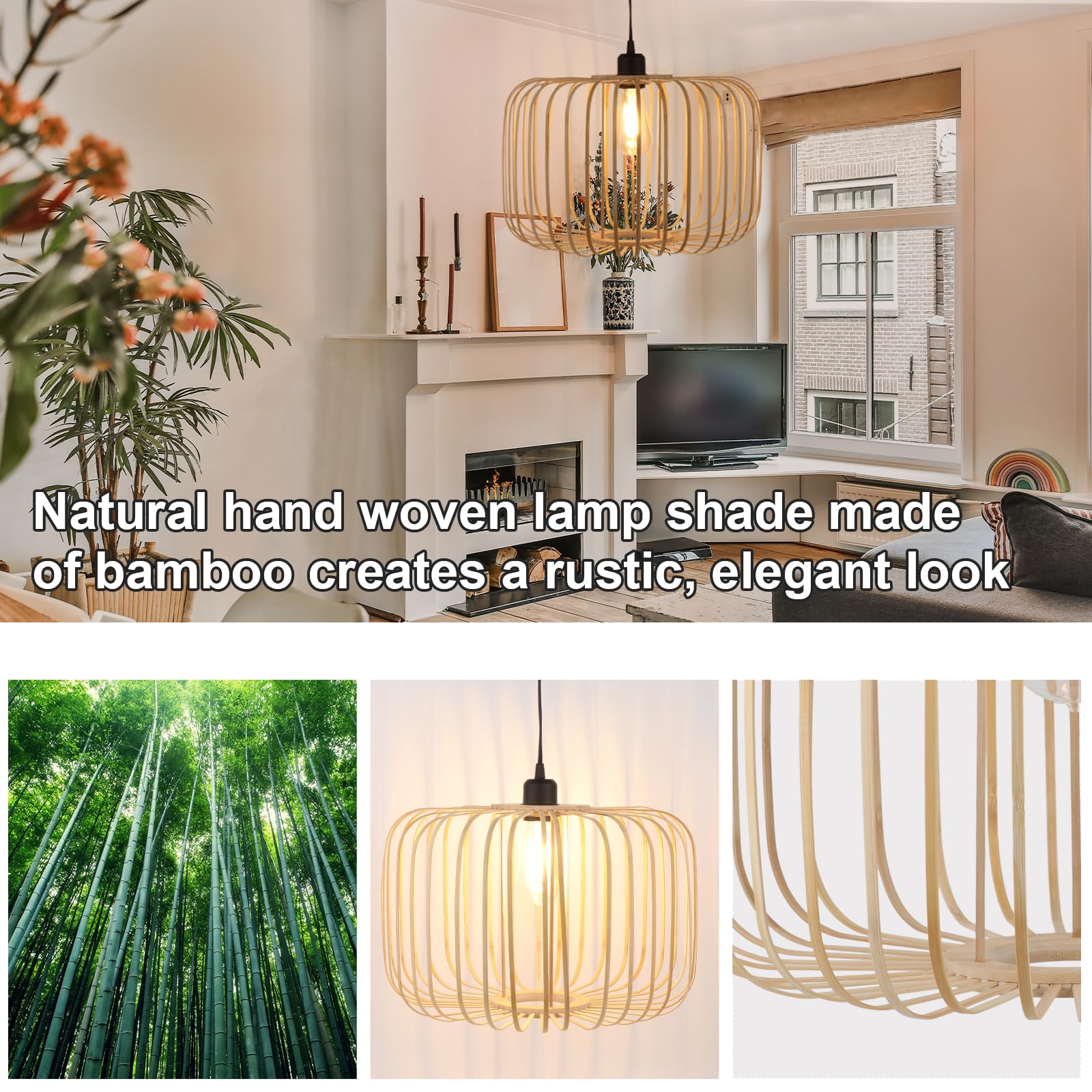 Plug In Pendant Light Woven Bamboo Hanging Lights With Plug In Hanging Lamp Dimmable, Handmade Woven Boho Wicker Basket Lamp Sha