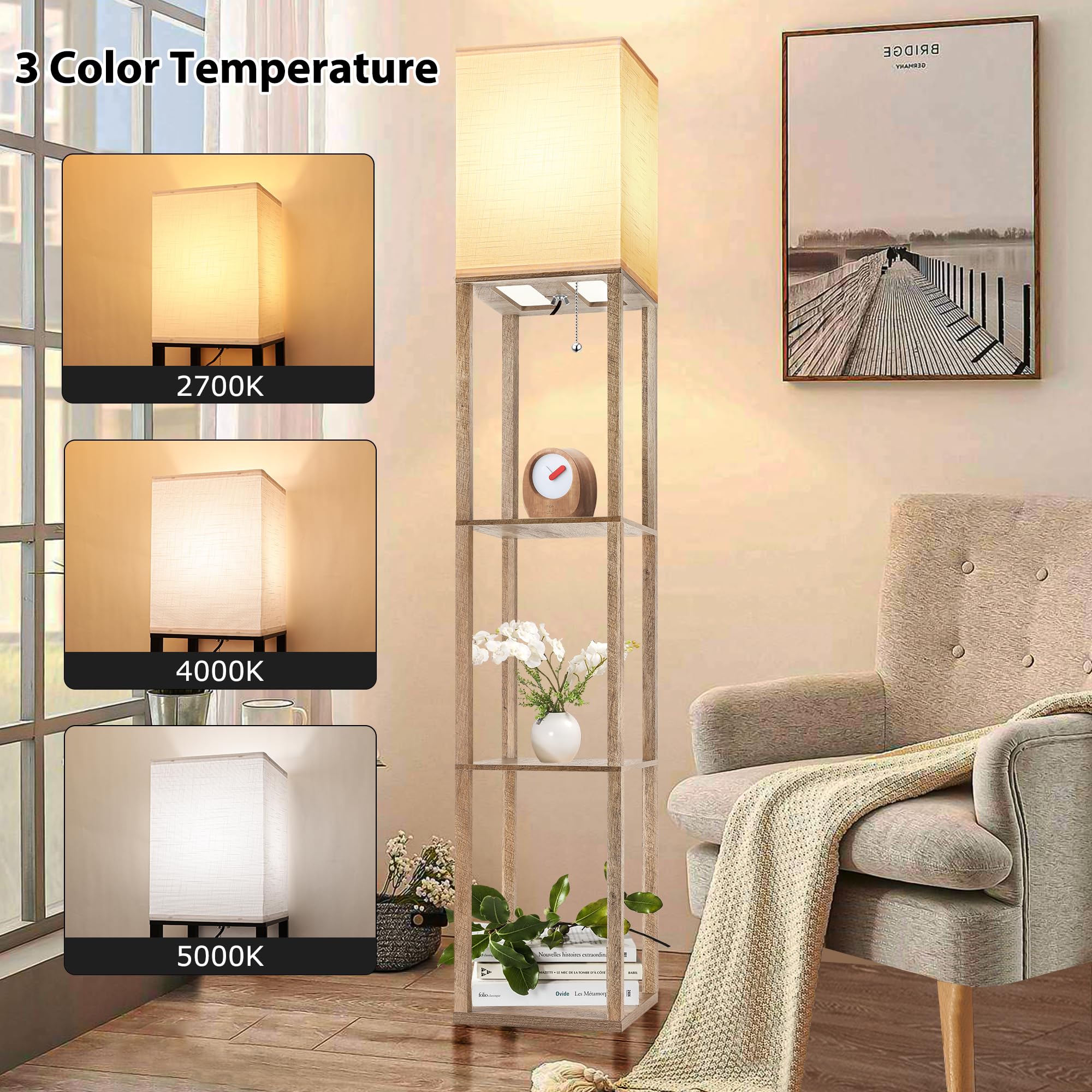 Floor Lamp With Shelves For Living Room Natural Wood, Shelf Floor Lamp With 3 Cct Led Bulb, Corner Display Standing Column Lamp