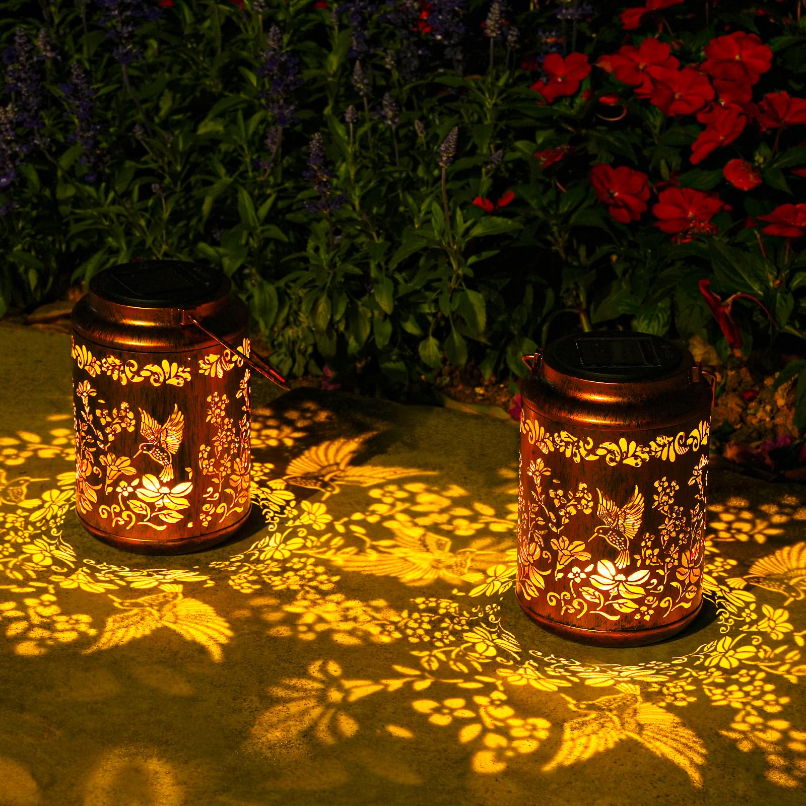OxyLED Solar Lanterns Outdoor, 50LM LED Metal Hanging Lanterns, Waterproof Garden Decor, Red Copper, Model DL-FG, 2 Pack