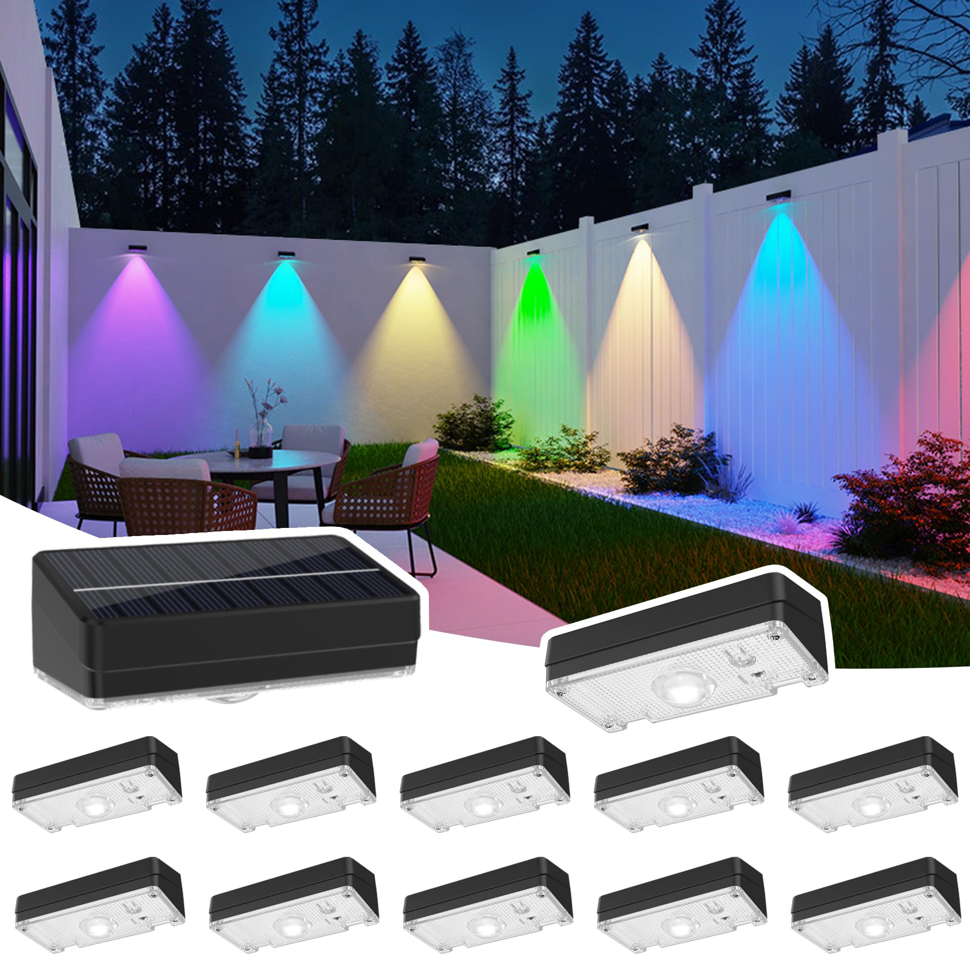 ZCXLIGHT Solar Fence Lights Fence Lights Solar Powered Waterproof IP65 Multicolor Led 12 Fixed Colors &RGB Color Changing for Pool  Deck  Patio  Porch  Stairs  Holiday-12pack