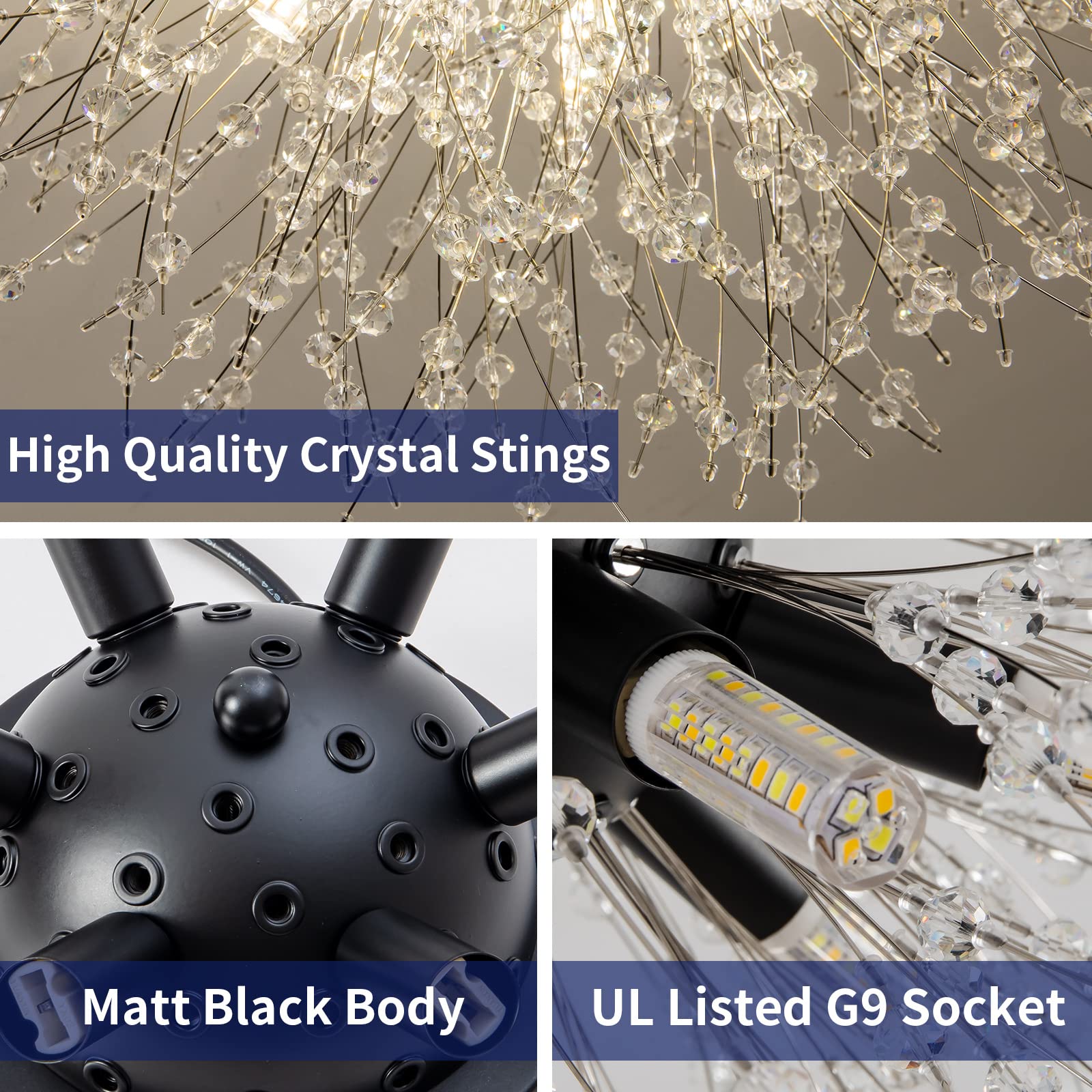 CM MZY Black Semi Flush Mount Ceiling Light Fixture, 6-Light Modern Crystal Sputnik Design, Model XT-XH-6BK