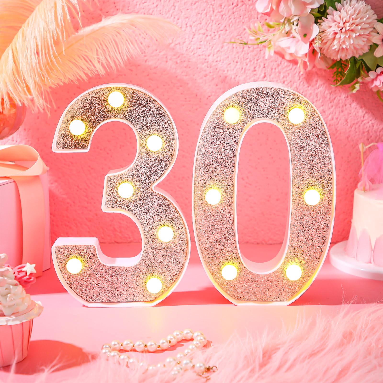 Treela LED Number Sign, 8.7in  Glitter Marquee for Birthday Party, 30th Size, Rose Gold, PP Material