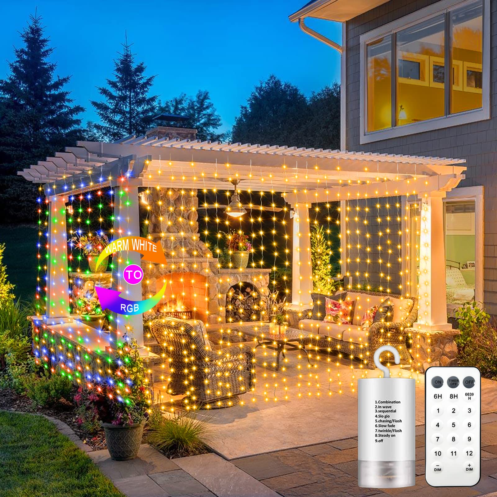 300 LED Fairy Curtain Lights 2 Color Changing, 9.8Ft x 9.8Ft Hanging Lights Battery Operated with Hooks, Outdoor Curtain Lights 