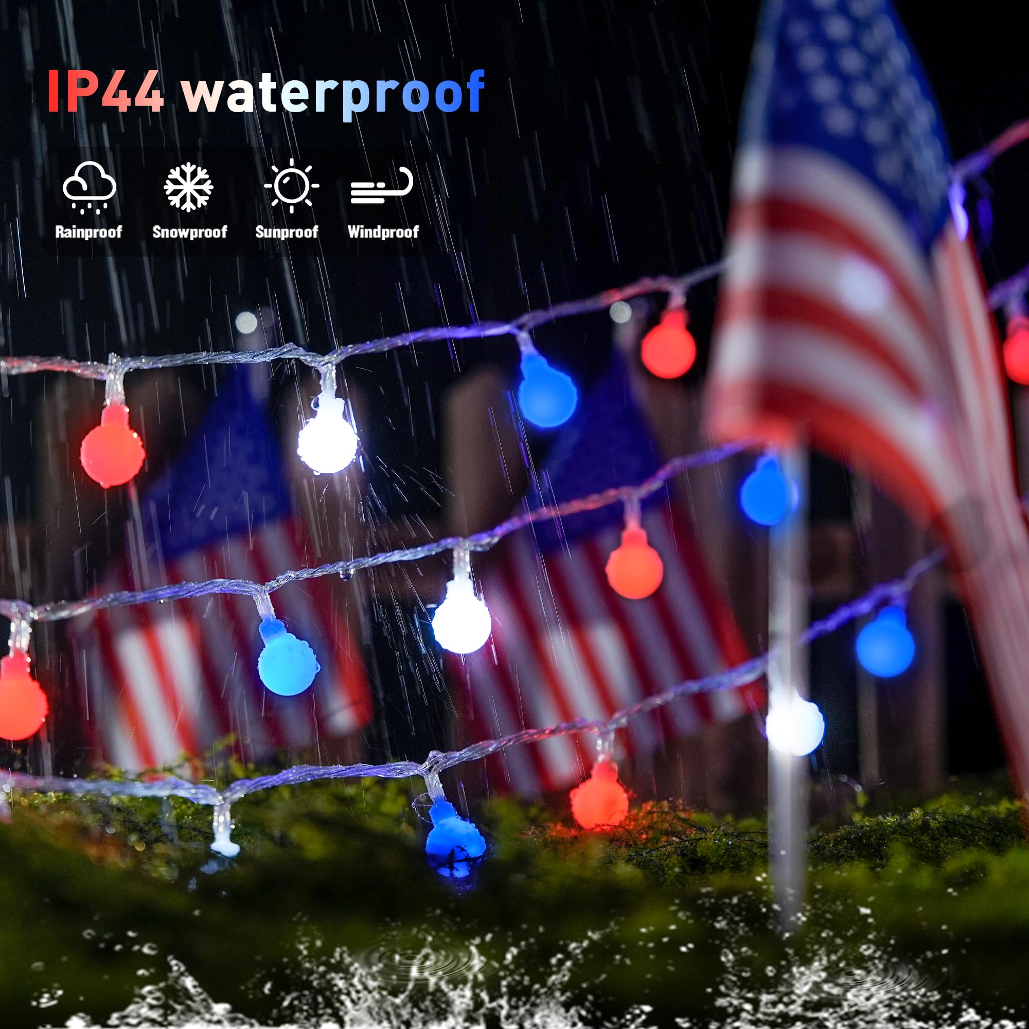 100 Led Connectable Red White And Blue Lights Indoor Outdoor Waterproof, 33Ft 4Th Of July Decoration Lights, 8 Modes Globe String Lights Plug In With Remote For Independence Day Party Patriotic Decor