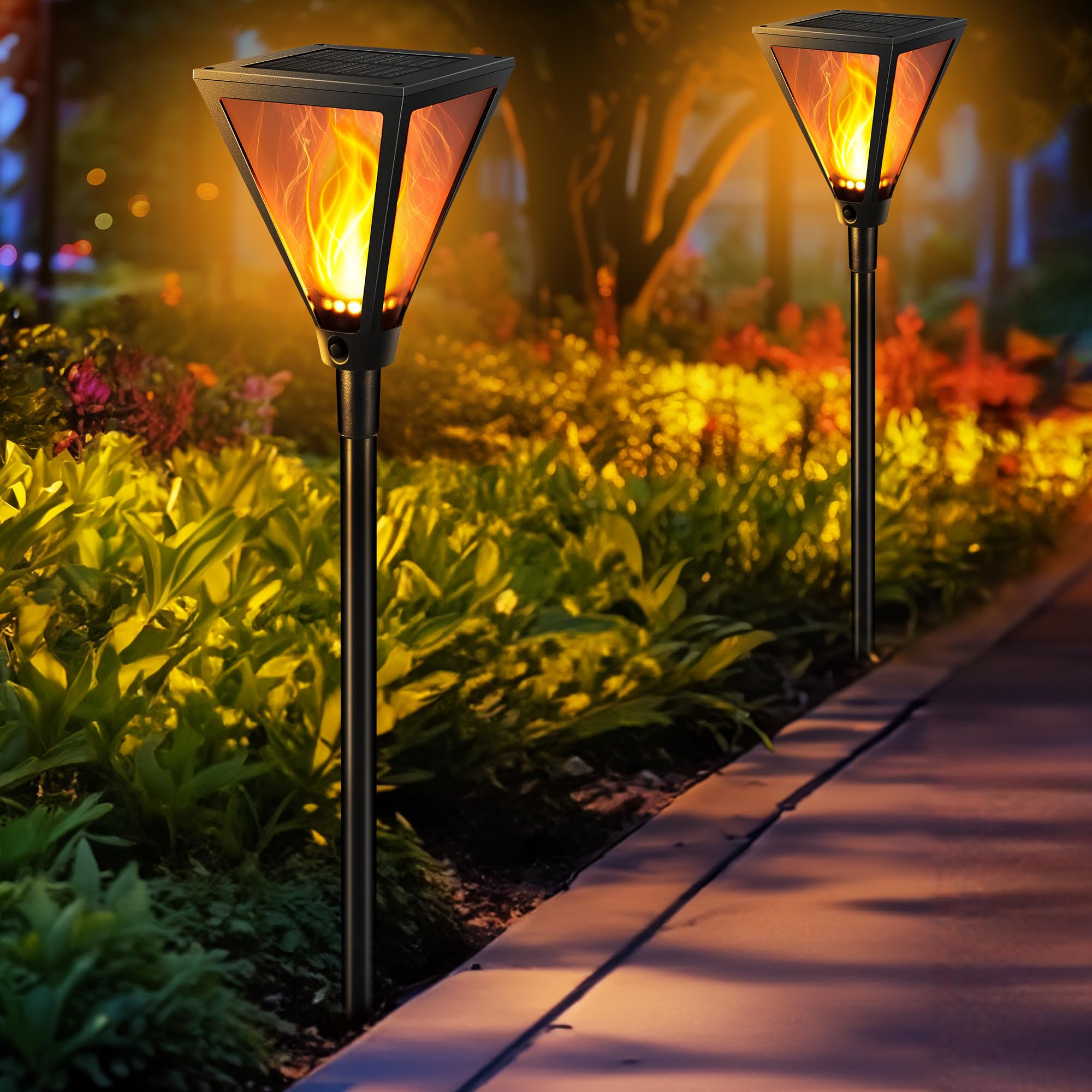 iBaycon 2 Pack 28 Solar Flame Torch Lights, Flickering Flame Garden Lights Outdoor Waterproof, Solar Pathway Light for Yard Lawn