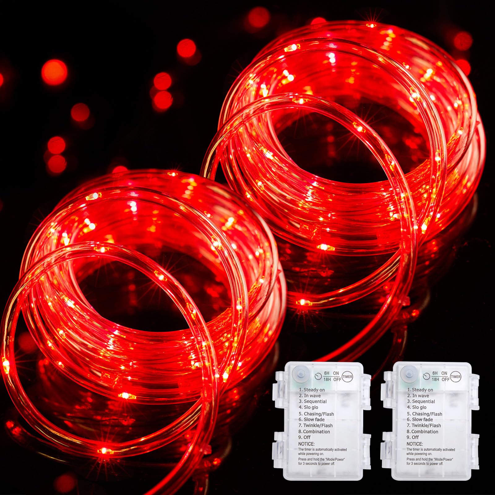 Minetom 2 Pack String Lights Battery Operated, Total 66FT 200 LED Valentine Lights Battery Operated with Timer, 8 Mode, Waterproof Rope Lights for Outside Bedroom Indoor Valentine's Day Decoration,Red