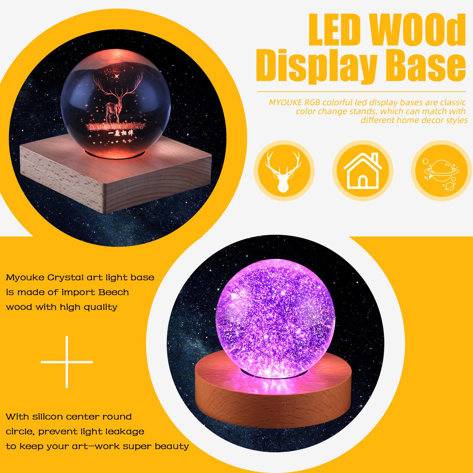 Myouke 4 Inch Led Light Base Display Base Lighted Display Stand,16 Colored Usb Light Table Light Base Wood Crystal Light Glass A