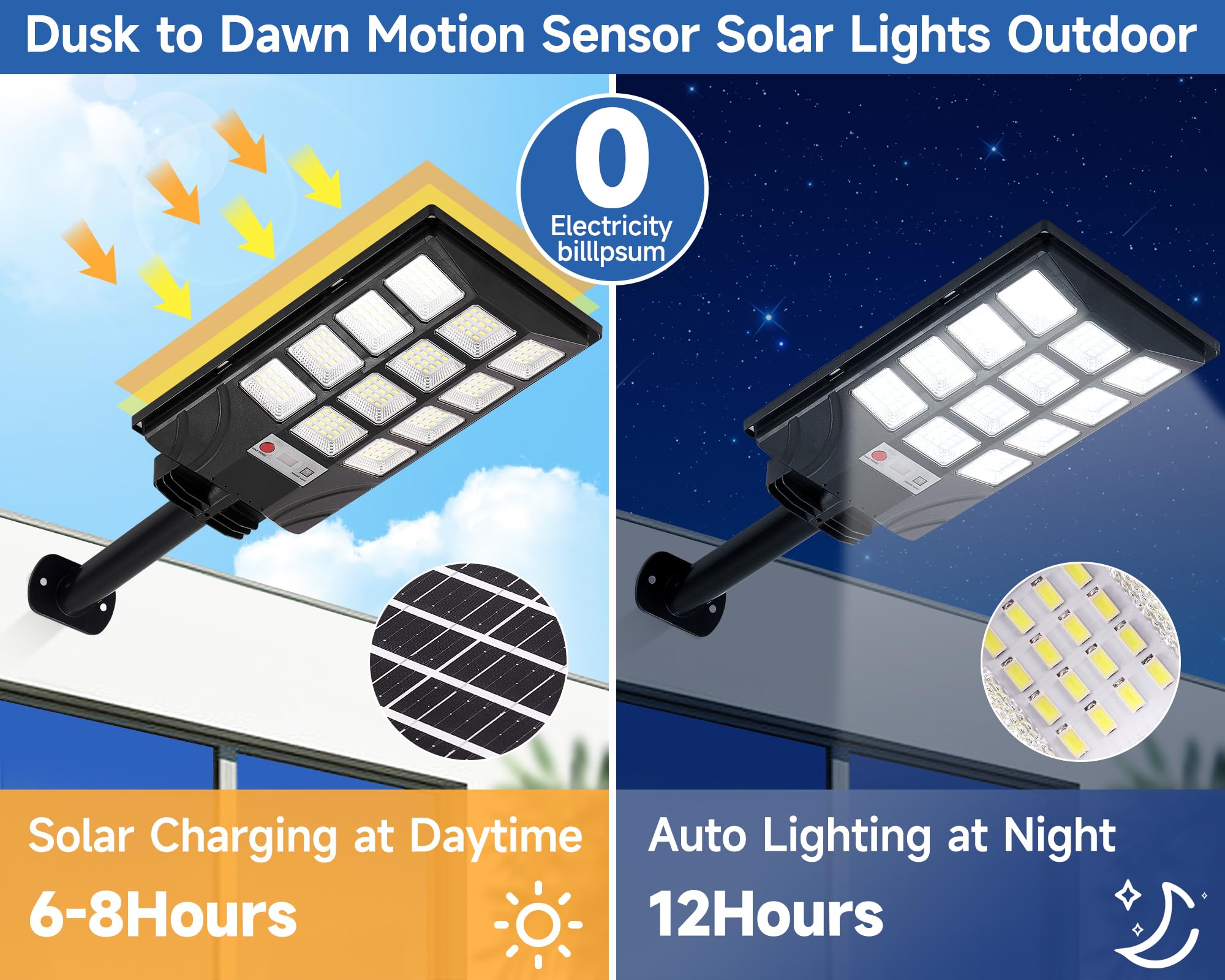 Aqraou Solar Street Lights Outdoor, IP66 Waterproof, Motion Sensor, 6500K, 4PCS, White - Dusk to Dawn Security Flood Light with Remote Control