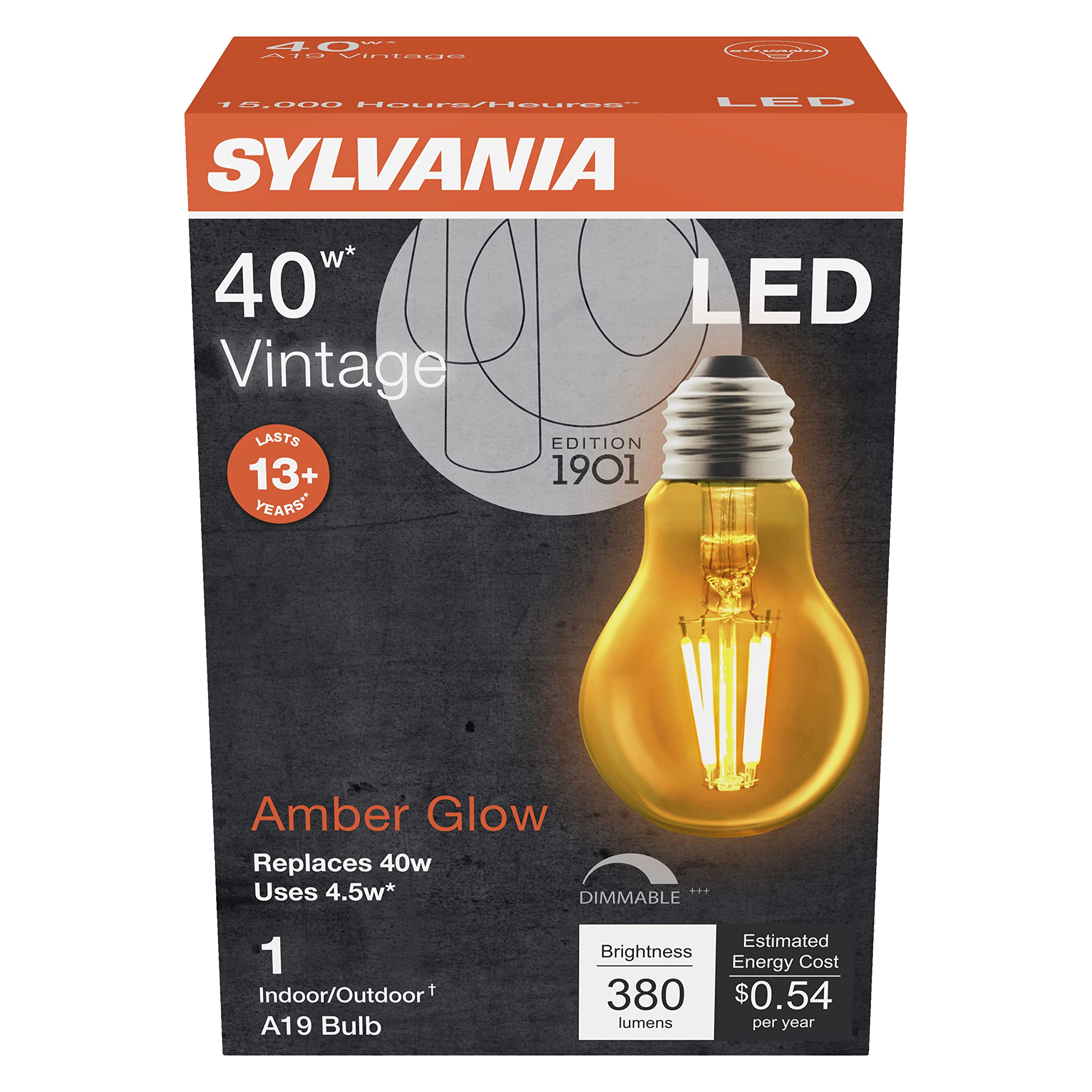 LEDVANCE SYLVANIA A19 Vintage LED Light Bulb, 40W Equivalent, Dimmable, Amber Glow, 4.5W, 380 Lumens, 1 Pack,