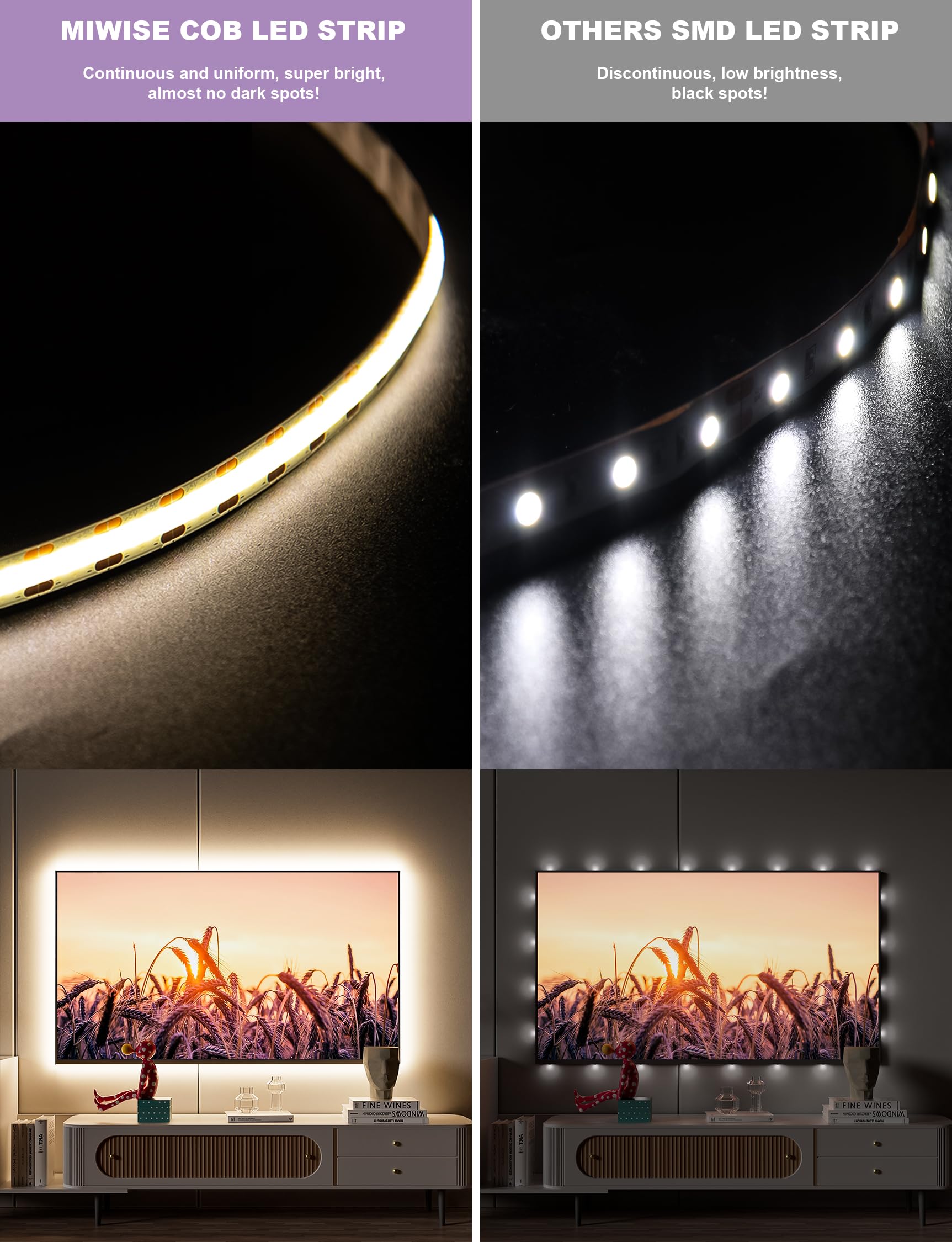 Miwise Led Strip Lights,Super Bright 5V Usb Cob Tape Light 9.84Ft/3M 4000K Natural White With Touch Dimmer Switch,Cri90+ Flexibl