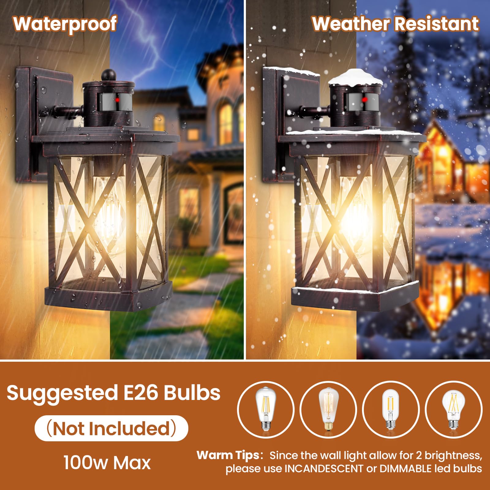 Motion Sensor Outdoor Lights Wall Mount, 2 Packs Brown Dusk To Dawn Waterproof Outside Wall Lights For House, 100% Anti-Rust Alu