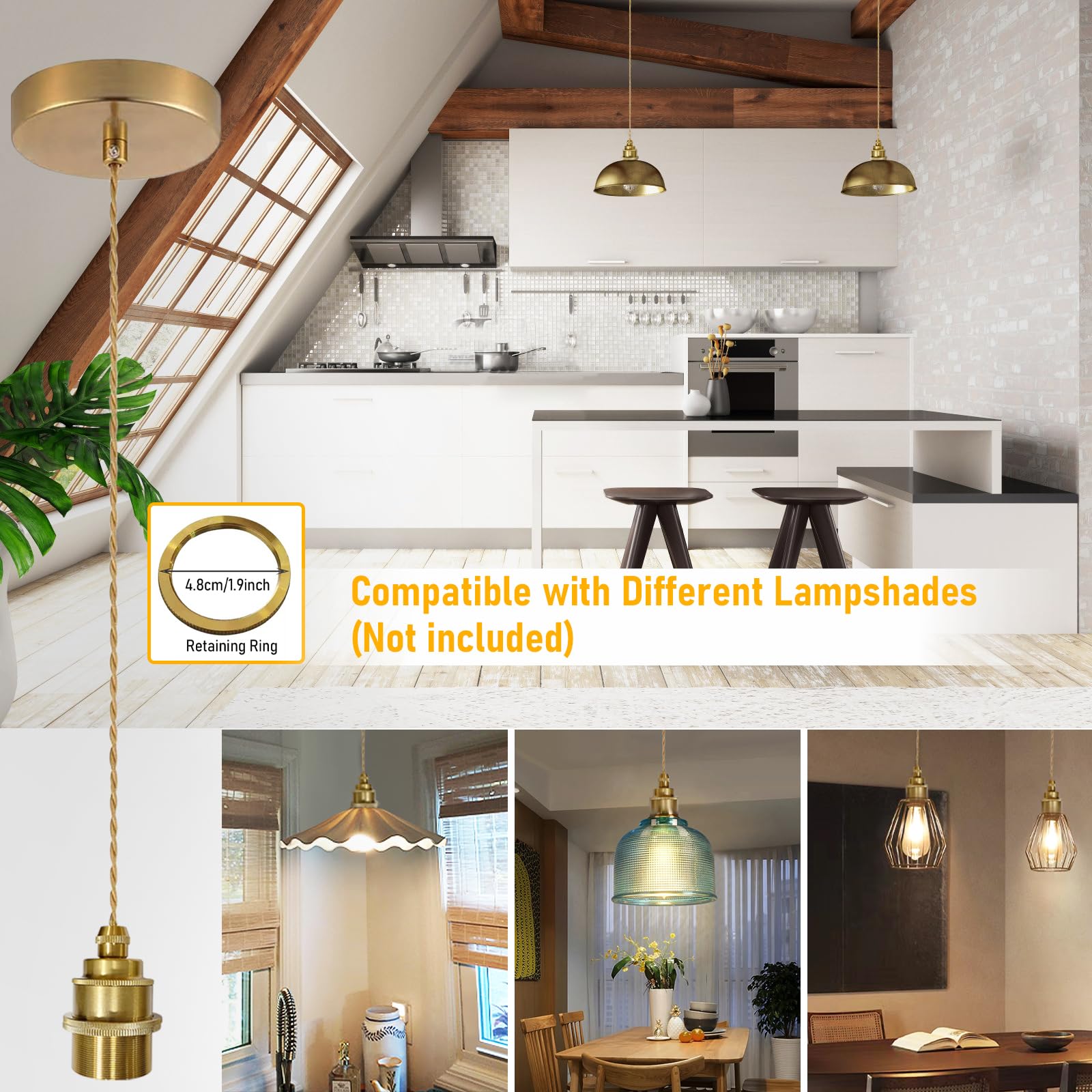 DTIEDY Gold 1-Light Pendant Light Kit, Adjustable 4.92ft, Metal Hanging Fixture for Kitchen Island, Dining Room - Model Gold-02-US