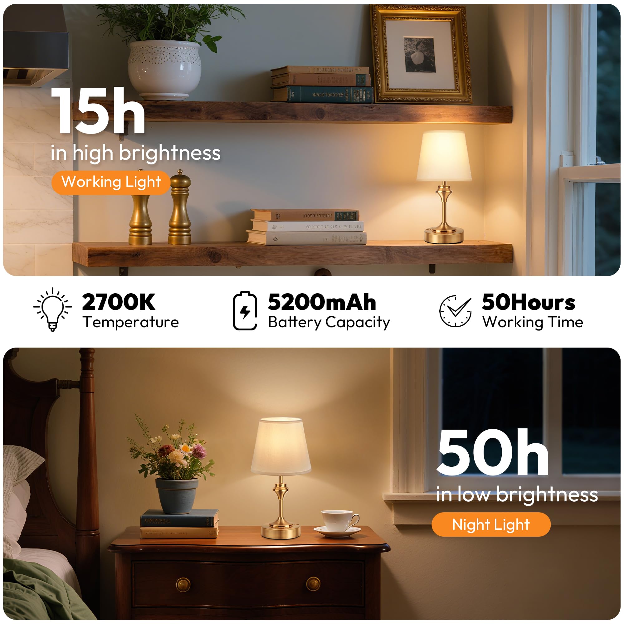 NIORSUN Cordless Table Lamp, 10.2in Battery Operated, 3 Way Dimmable Touch, Metal, Gold, Model CTL00601-W