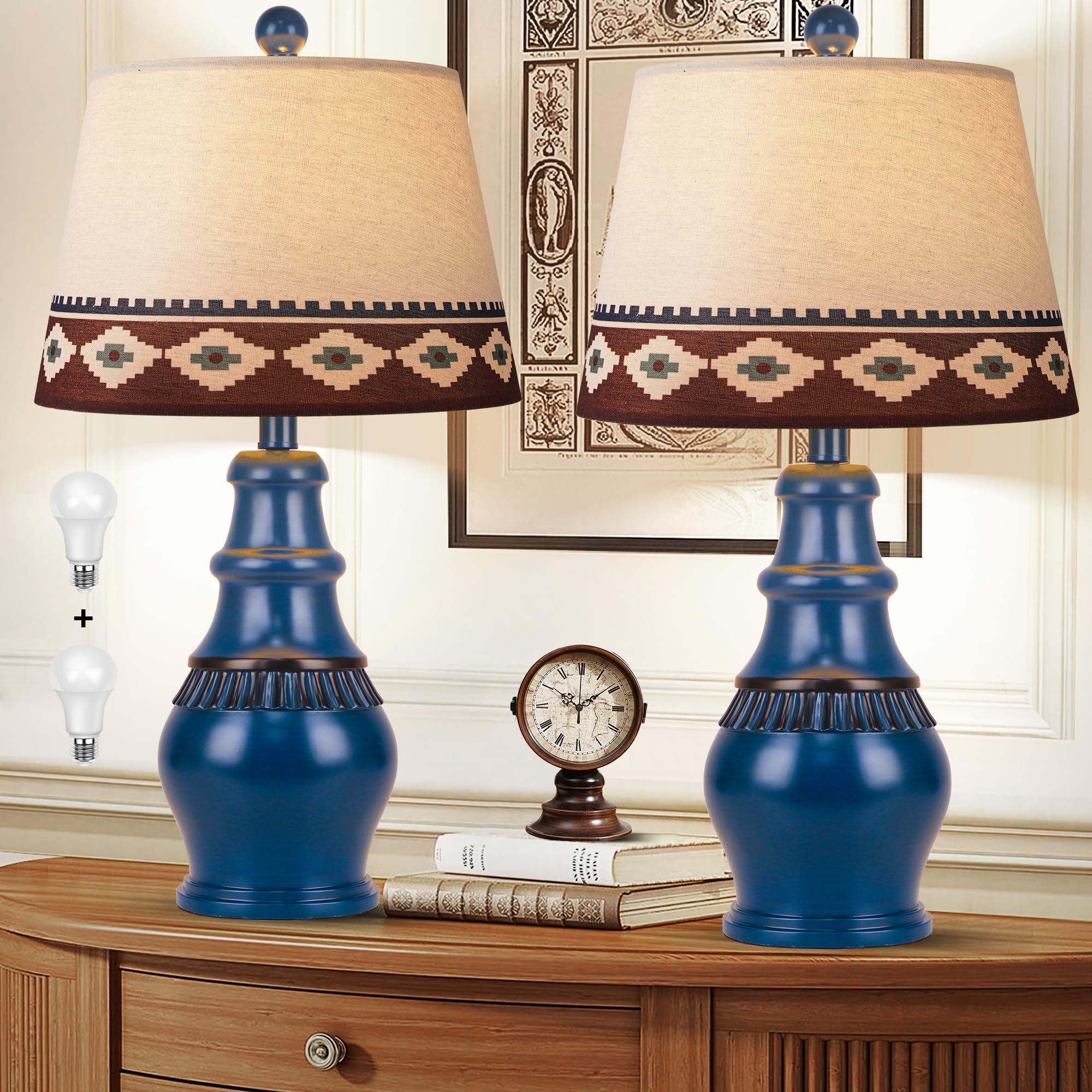 Hamucd Farmhouse Rustic Table Lamps Set Of 2 For Living Room,3-Color Temperature Dimmable Southwest Bedroom Nightstand Lamps For