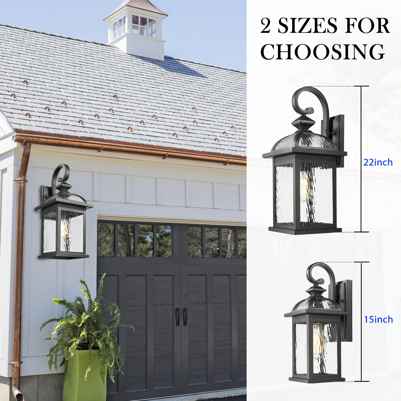 Darkaway Outdoor Wall Light Fixture, 22" Waterproof Black Sconce with Water Ripple Glass, Model 6D5B-M BK+SW