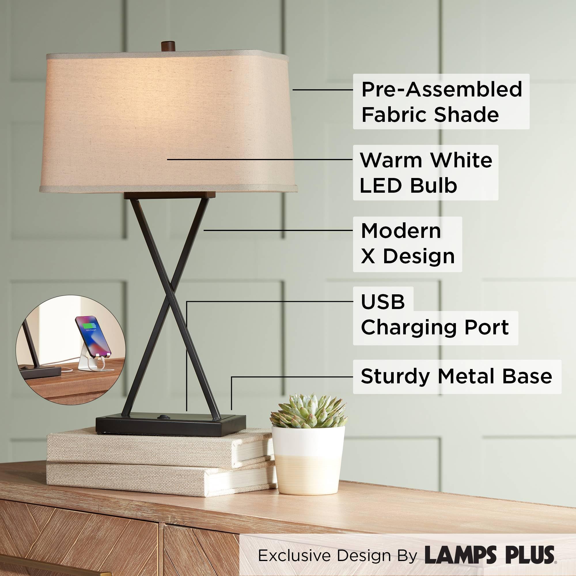 Franklin Iron Works Modern Table Lamps Set of 2, 26.5in High, Bronze Metal with Fabric Shade, USB Charging Port, Living Room Bedroom Nightstand