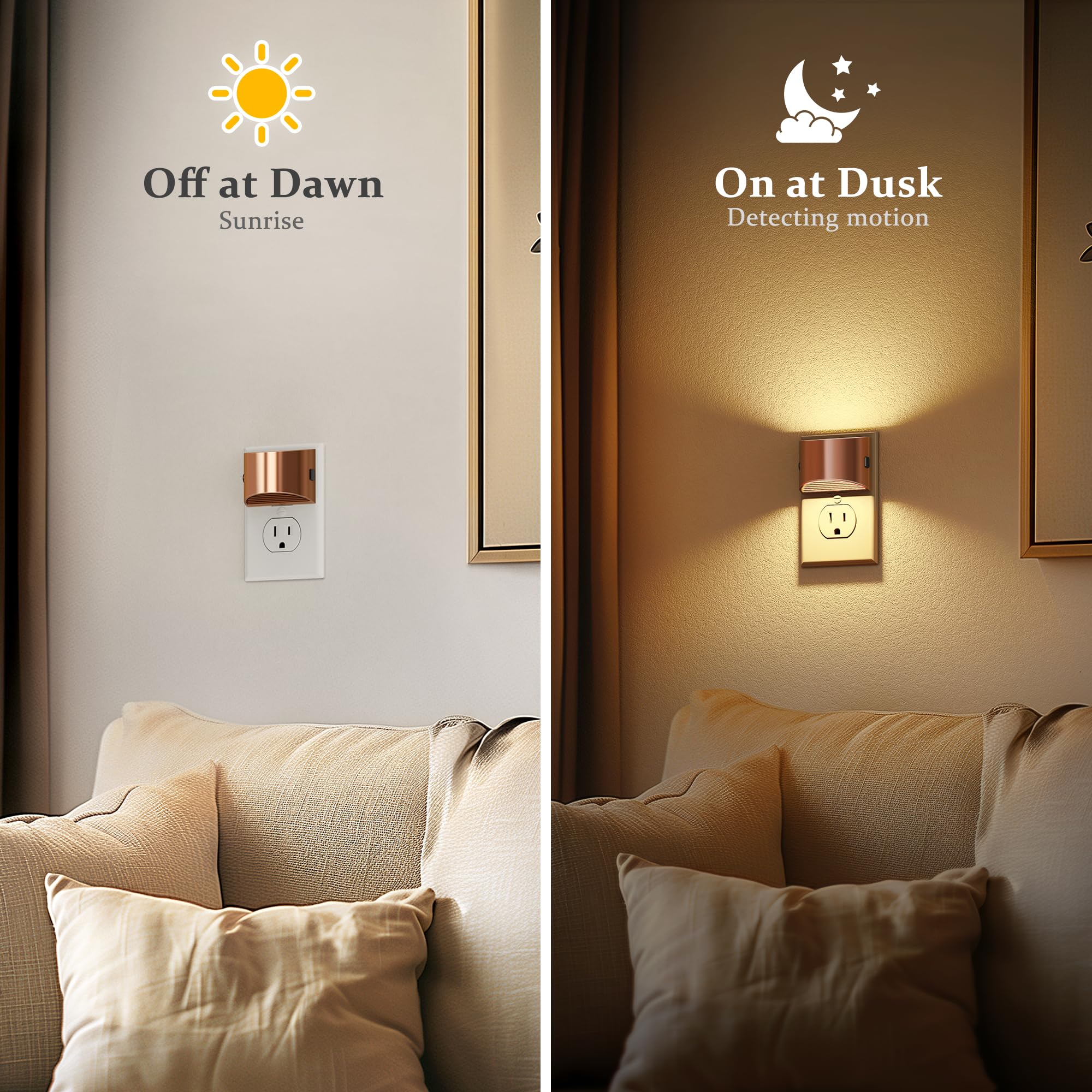 JandCase LED Night Lights, 2 Pack, Dusk to Dawn Sensor, 0-100LM Brightness Adjustable, Rose Gold, Model C-GY10702RGUS-2