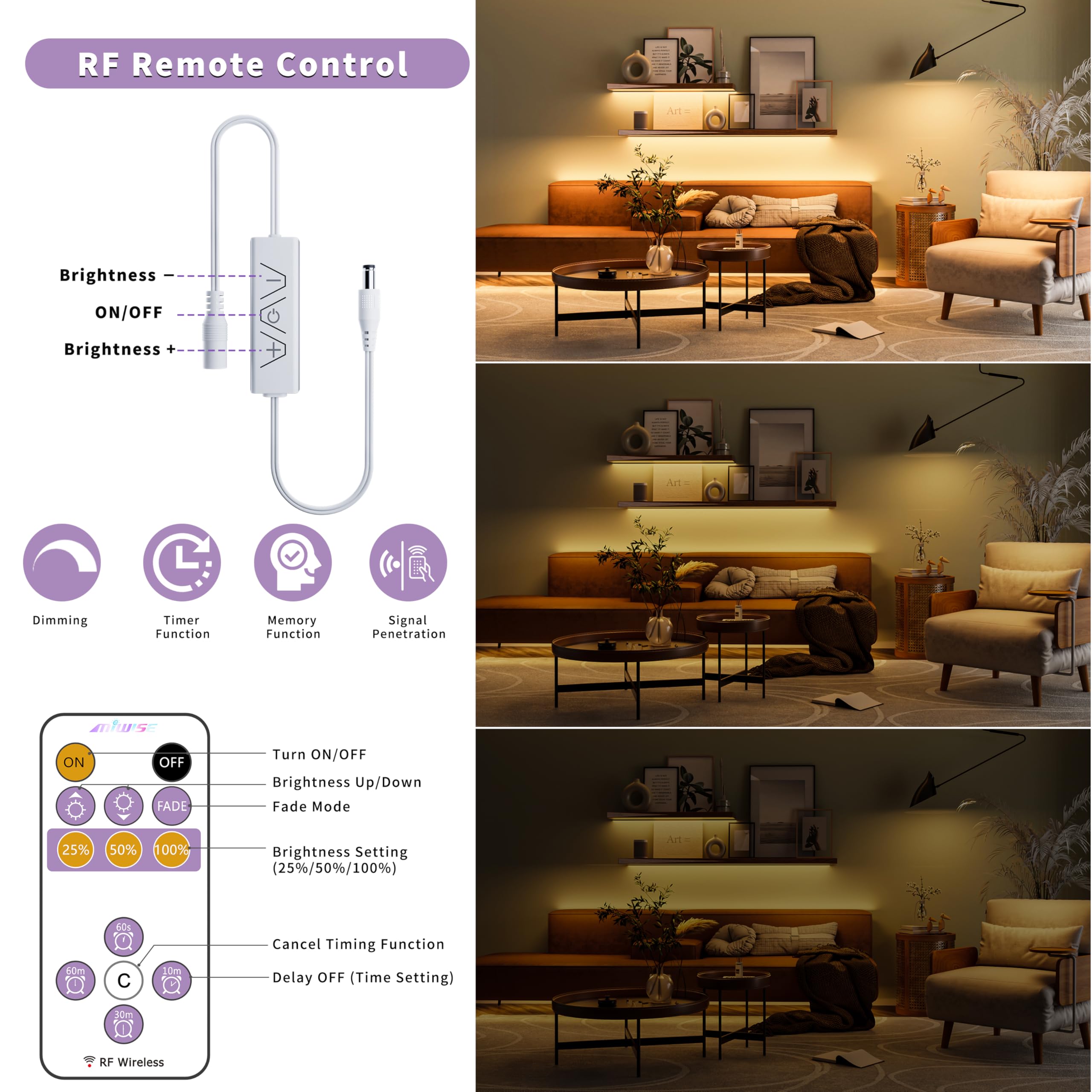 Miwise Cob Led Strip,3000K Warm White 20Ft/6.1M,Dimmable Super Bright 24V Led Strip Light,Cri 90+ Flexible Tape Light With Rf Re