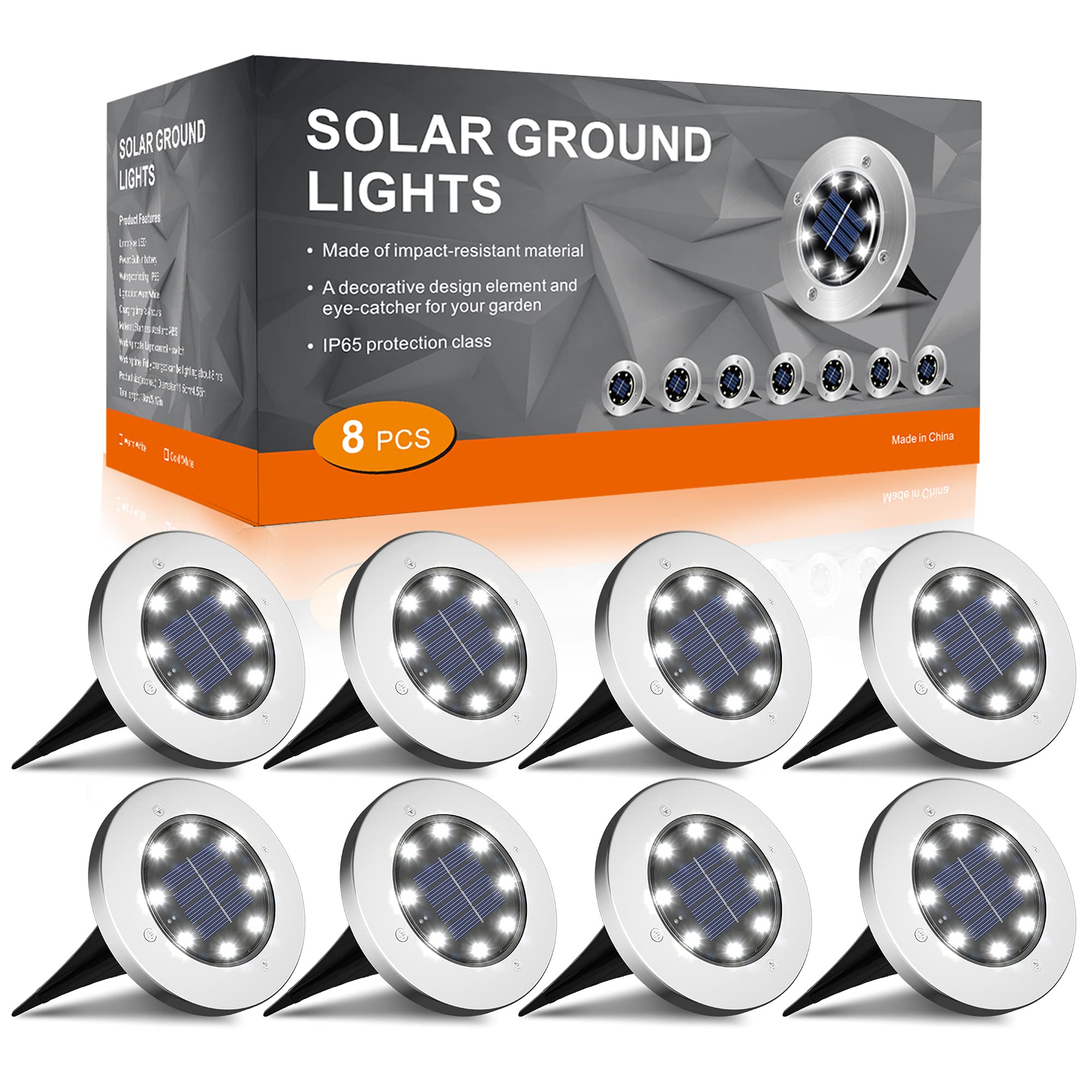 INCX Solar Ground Lights, 8 LED Waterproof Disk Lights for Pathway & Garden, Cold White, 8 Pack, Ideal for Yard & Patio