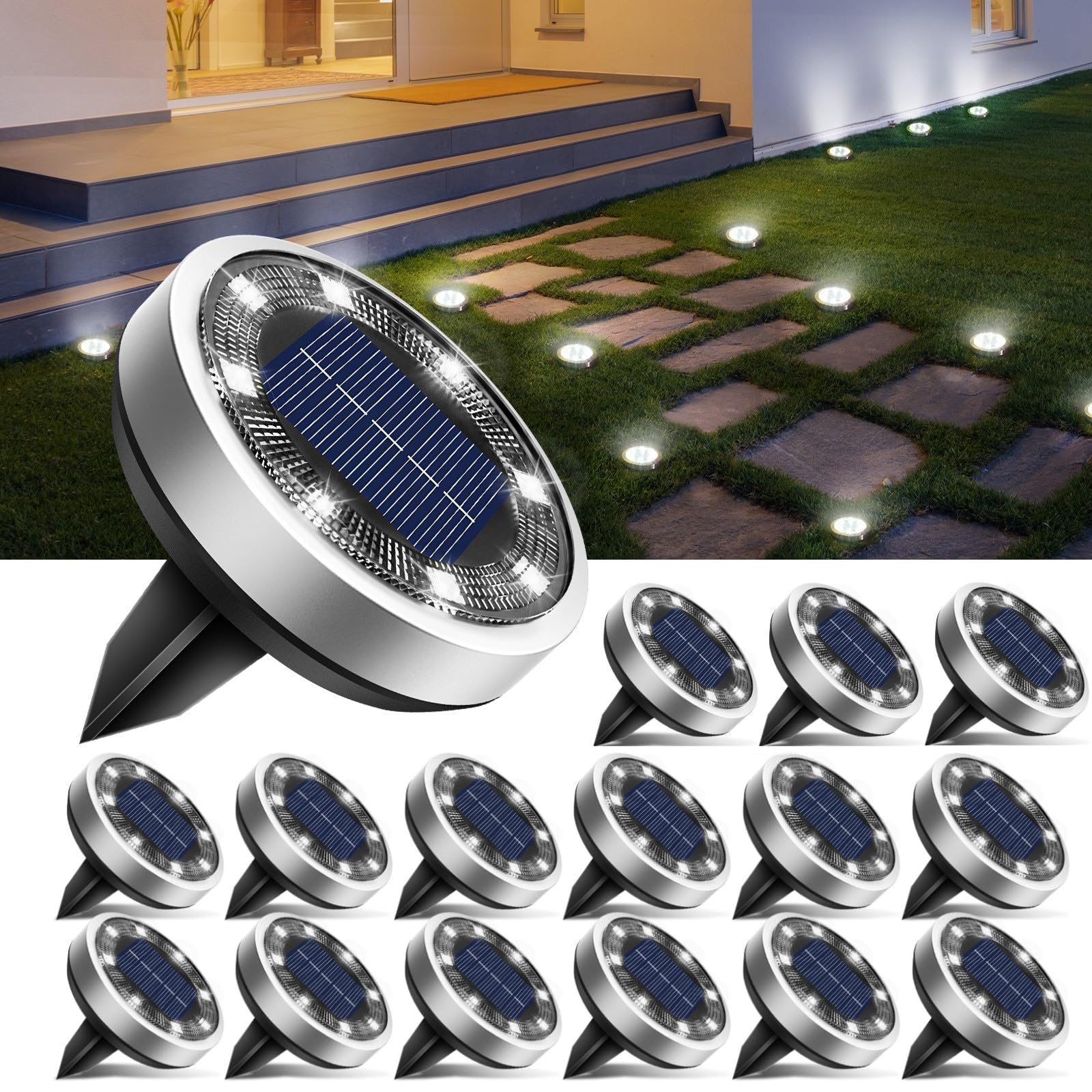 btfarm 16 Pack Solar Ground Lights Outdoor, 8 LED Solar Disc Lights IP65 Waterproof Flat Solar Light, Pathway Lights Solar Power