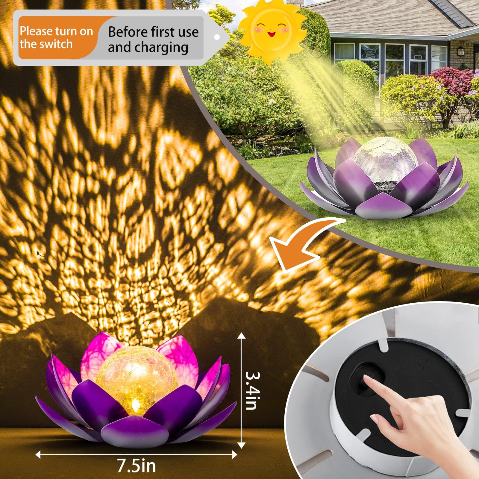 Aiiny Solar Light Outdoor(2Pack), Art Crackle Globe Glass Lotus Decoration, Solar Led Waterproof Purple Metal Flower Lights For