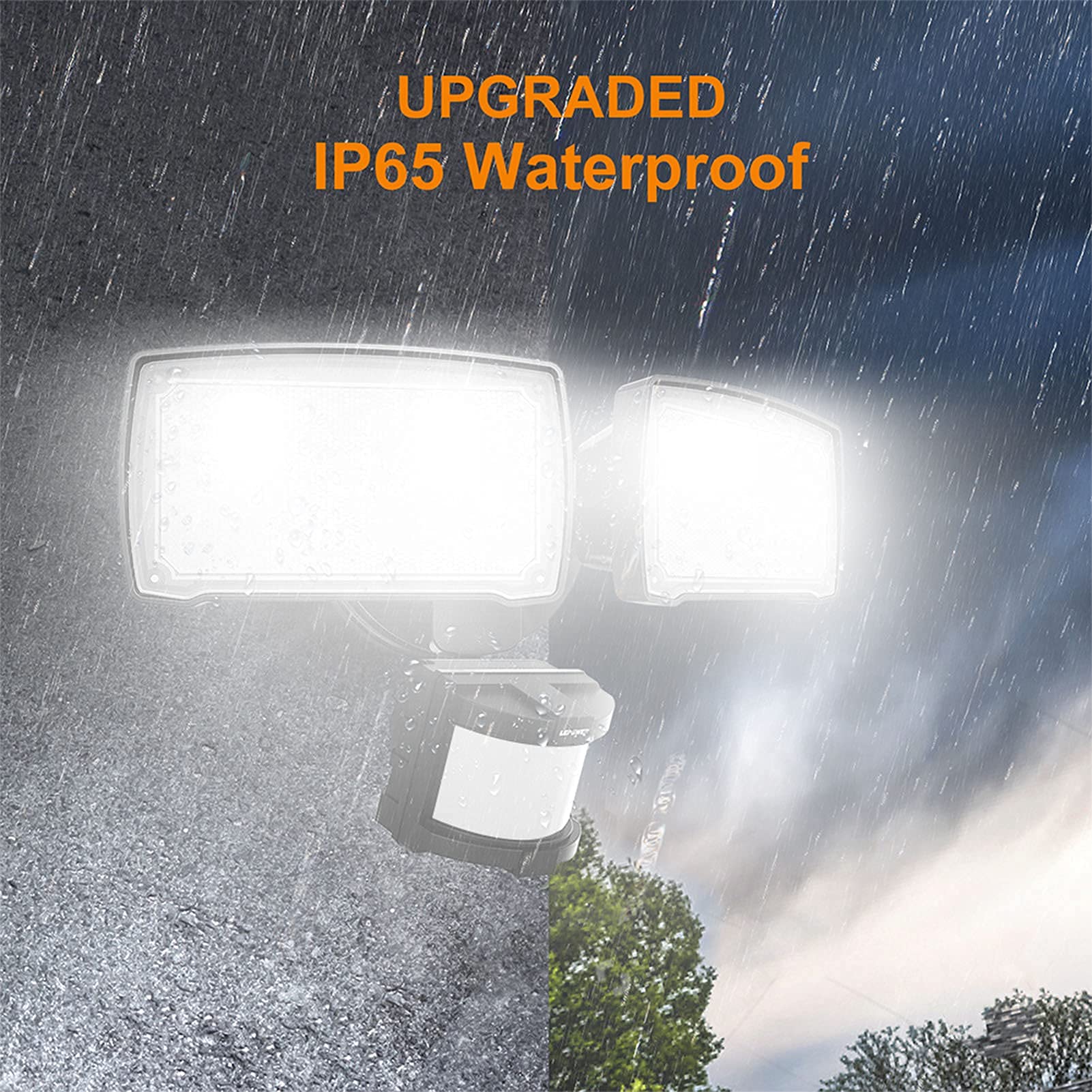 LEPOWER 30W LED Security Light - 3200LM Motion Sensor, 5500K, IP65 Waterproof, 2 Head Flood Light, Black, Model YY01A-BL
