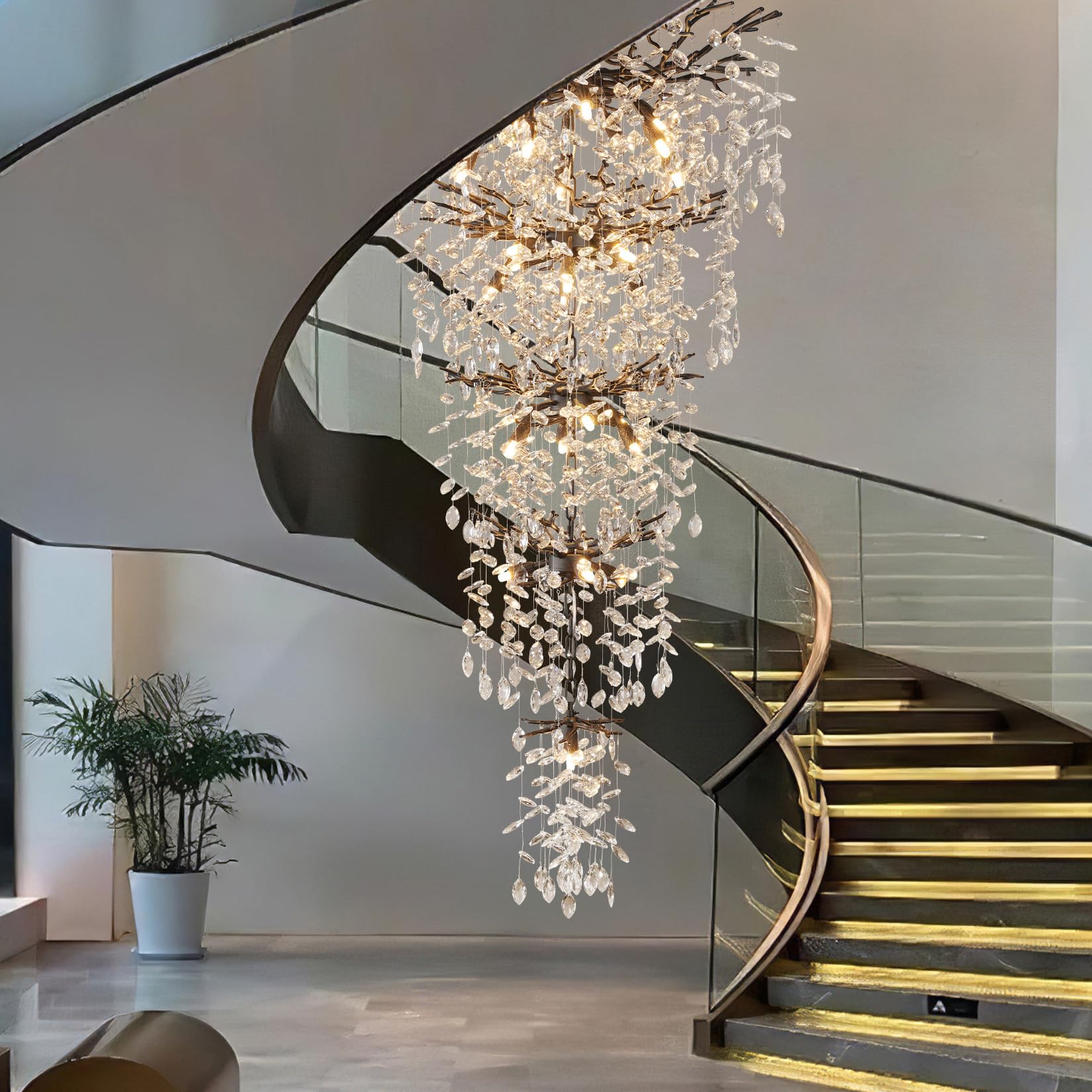 118'' Long Crystal Chandelier For High Ceiling, 28-Light Black Tree Branch Chandelier, Modern Large Chandeliers For Staircase Fo