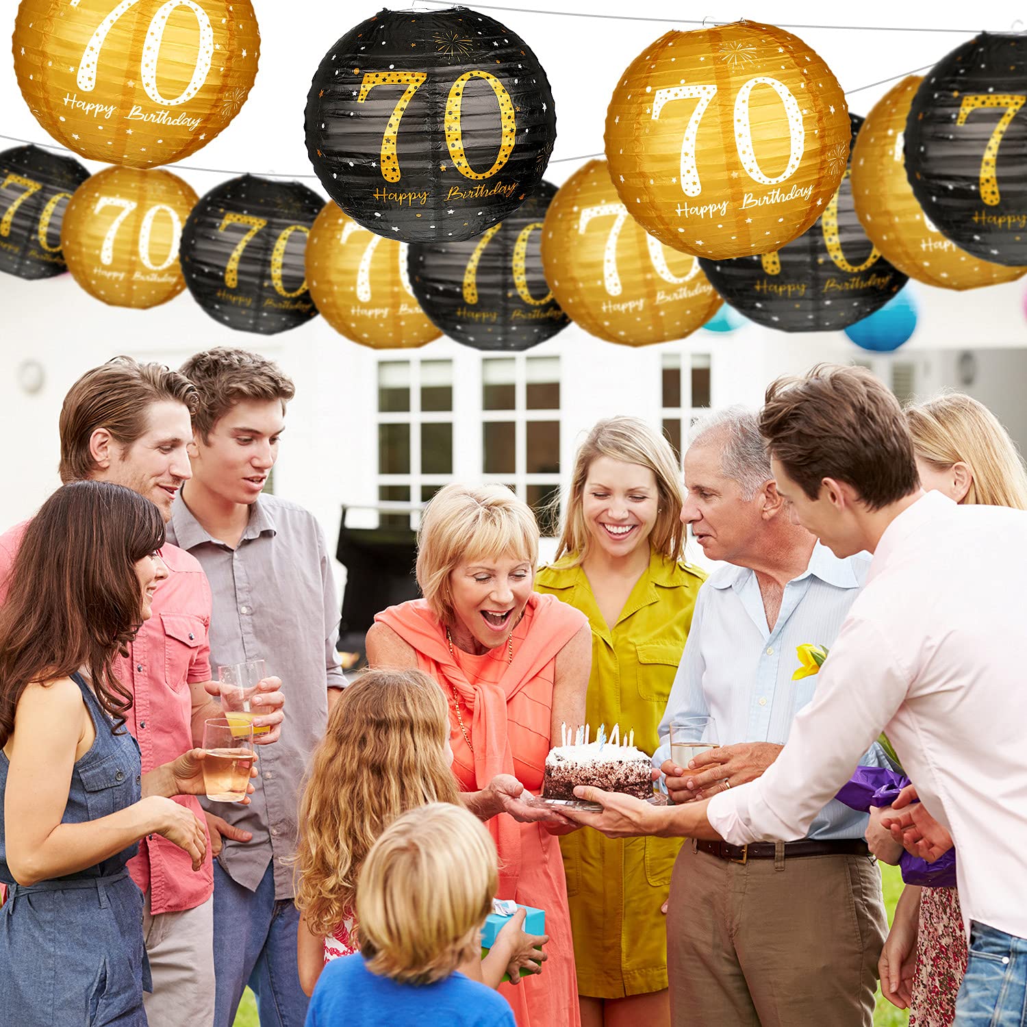 Blulu 6 Pieces Birthday Party Decorations - Hanging Paper Lanterns, Black Gold Glittery, 70th Style, Anniversary Sign