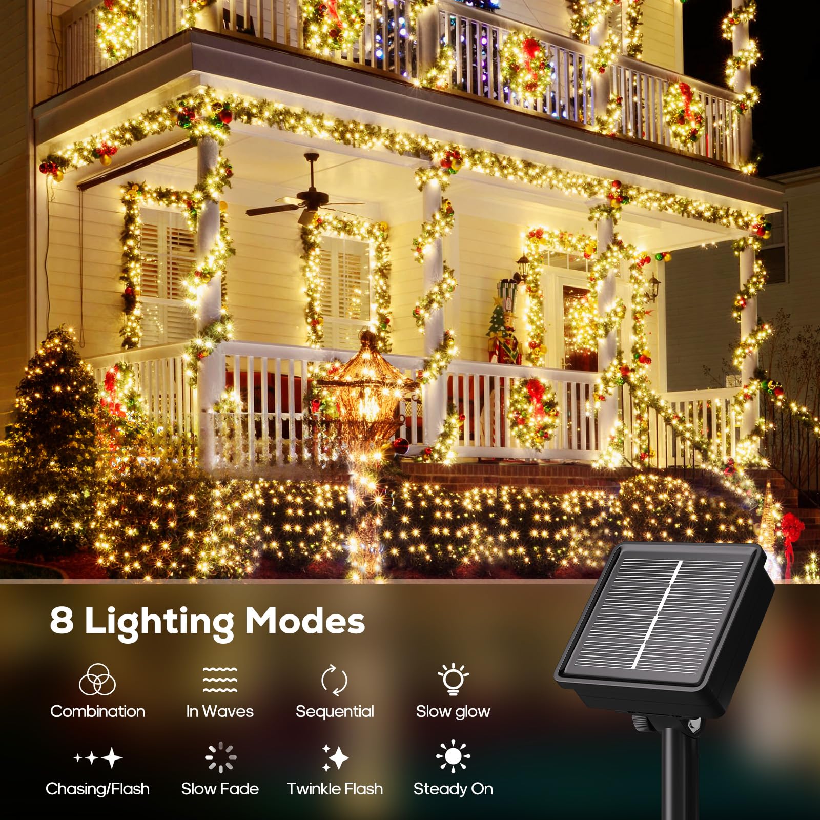 Soiarllt 2 Pack Solar String Lights Outdoor - Total 92Ft 240 Led Solar Christmas Lights Outdoor Waterproof With 8 Lighting Modes