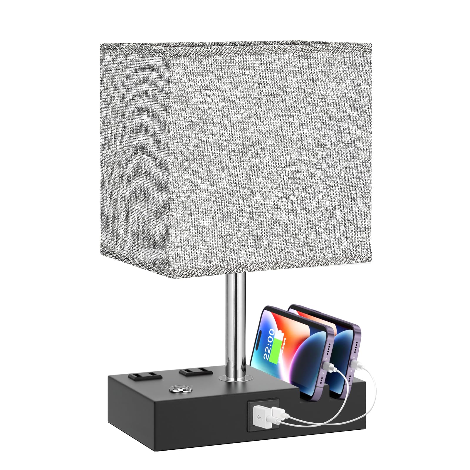 Kakanuo Nightstand Lamp for Bedroom with Dual USB Ports, Grey Touch Control Bedside Table Lamp with Charging Outlets and Phone S