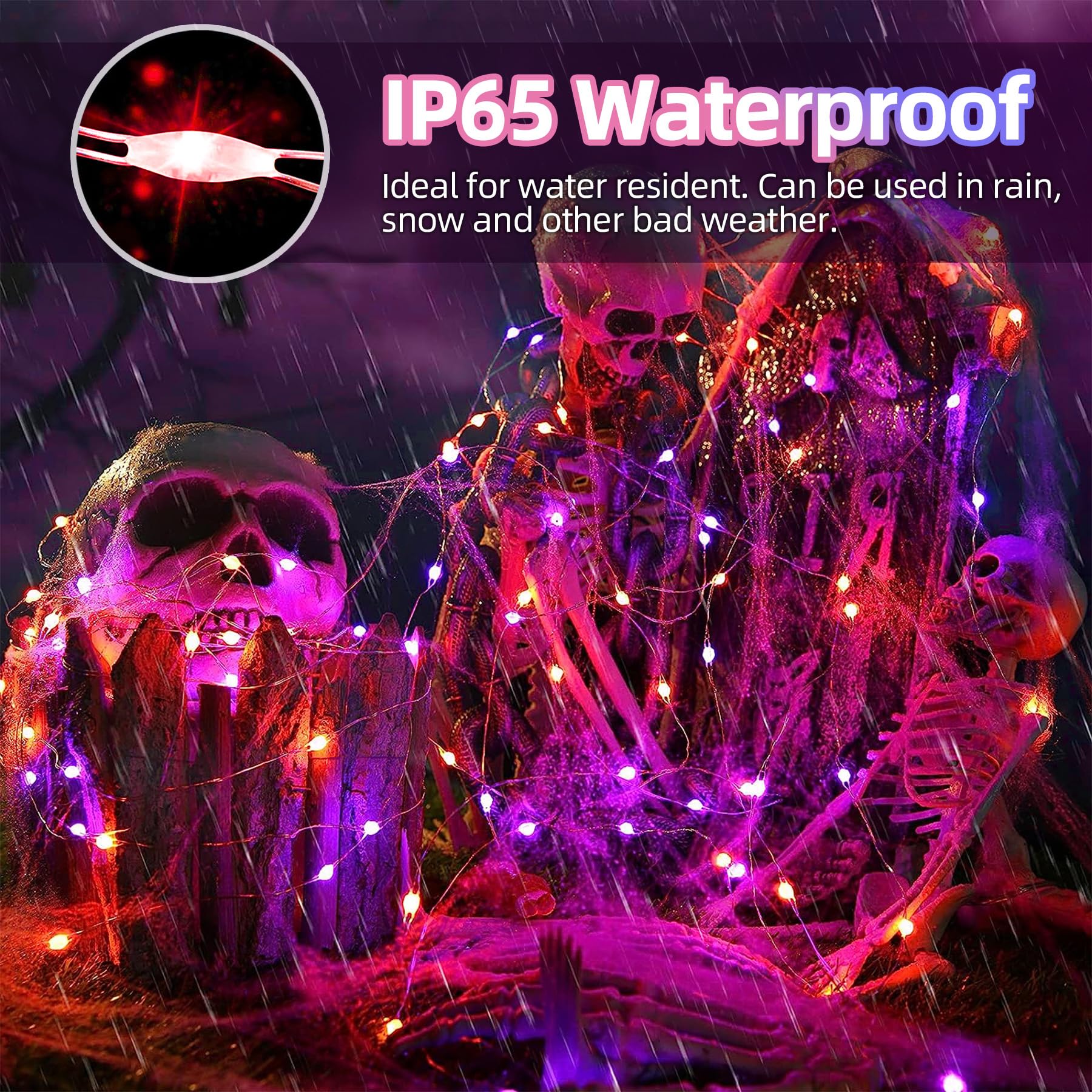 Lightop Halloween Solar Fairy Lights Outdoor Waterproof Copper Wire Orange Purple String Lights 2 Pack 33Ft 100Led For Christmas