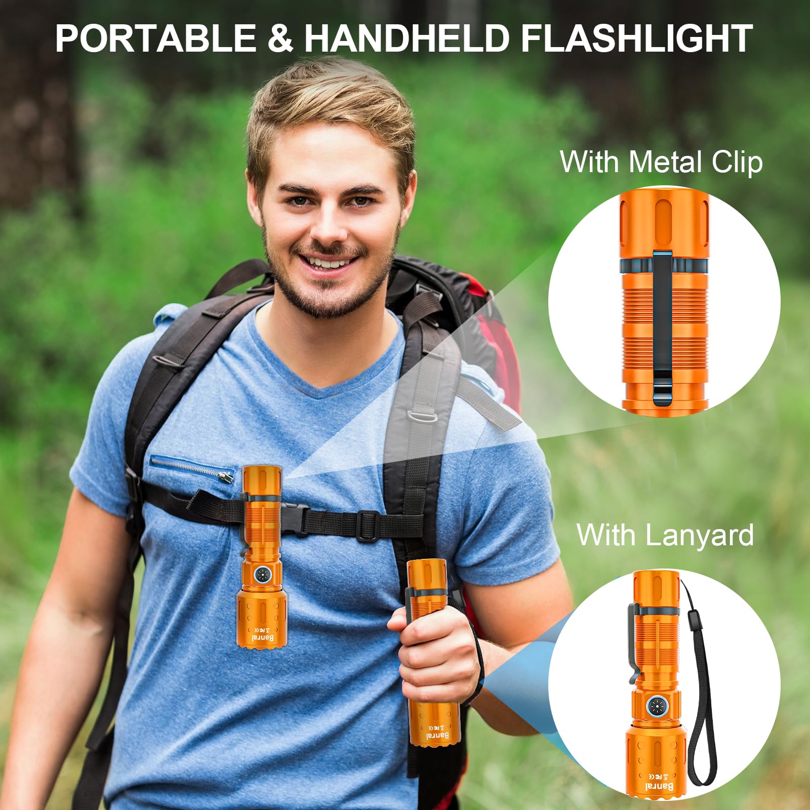 Flashlights High Lumens Rechargeable  20000 Lumens Super Bright 1500 Meters Long Range Small Powerful Flashlight  6 Modes Led Tactical Pocket Waterproof Flash Light For Home Emergency (2  Orange)