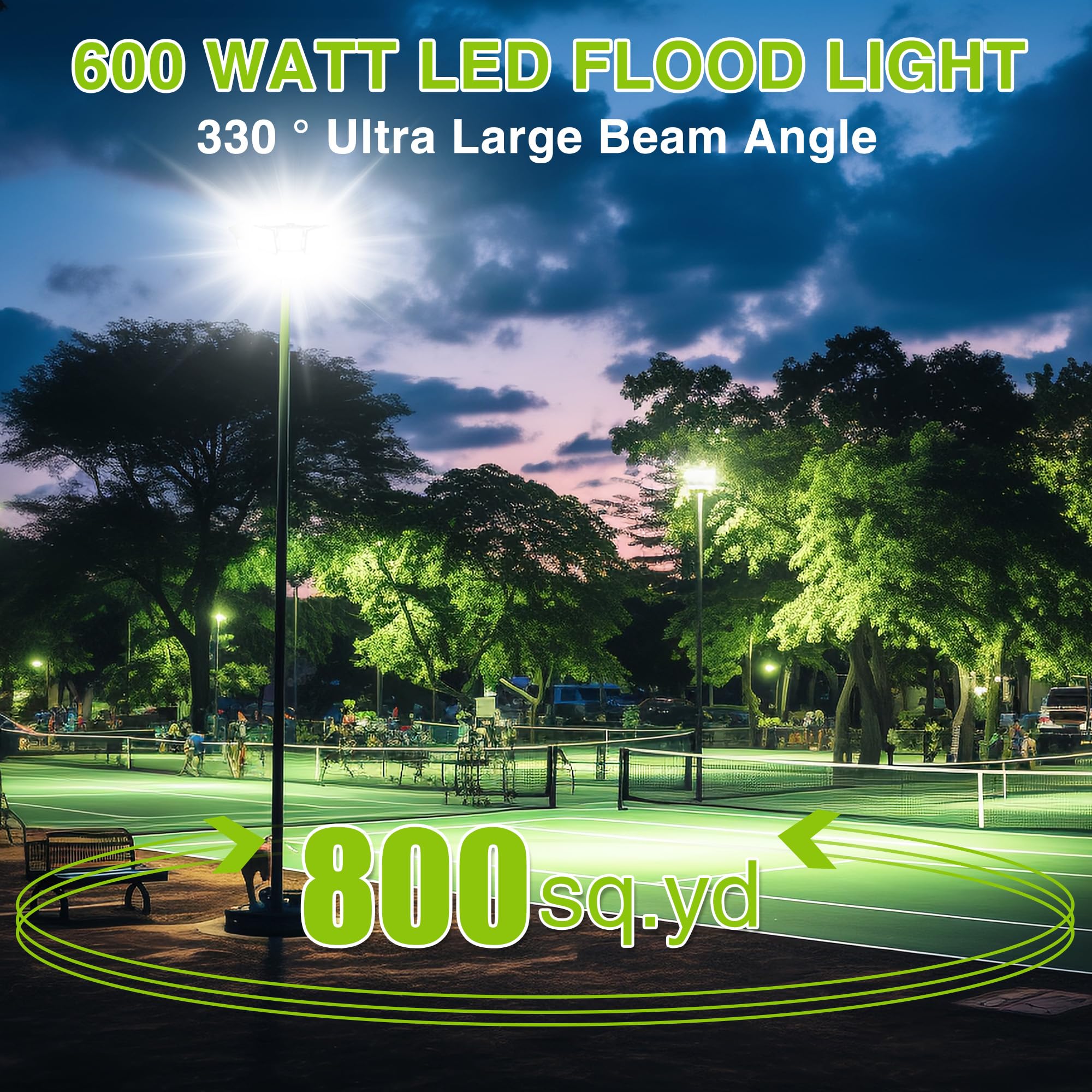 STASUN 600W LED Flood Light, 60000lm, 6000K Daylight, IP66 Waterproof, 3 Heads for Outdoor Security, Model FT5GR, 1 Pack