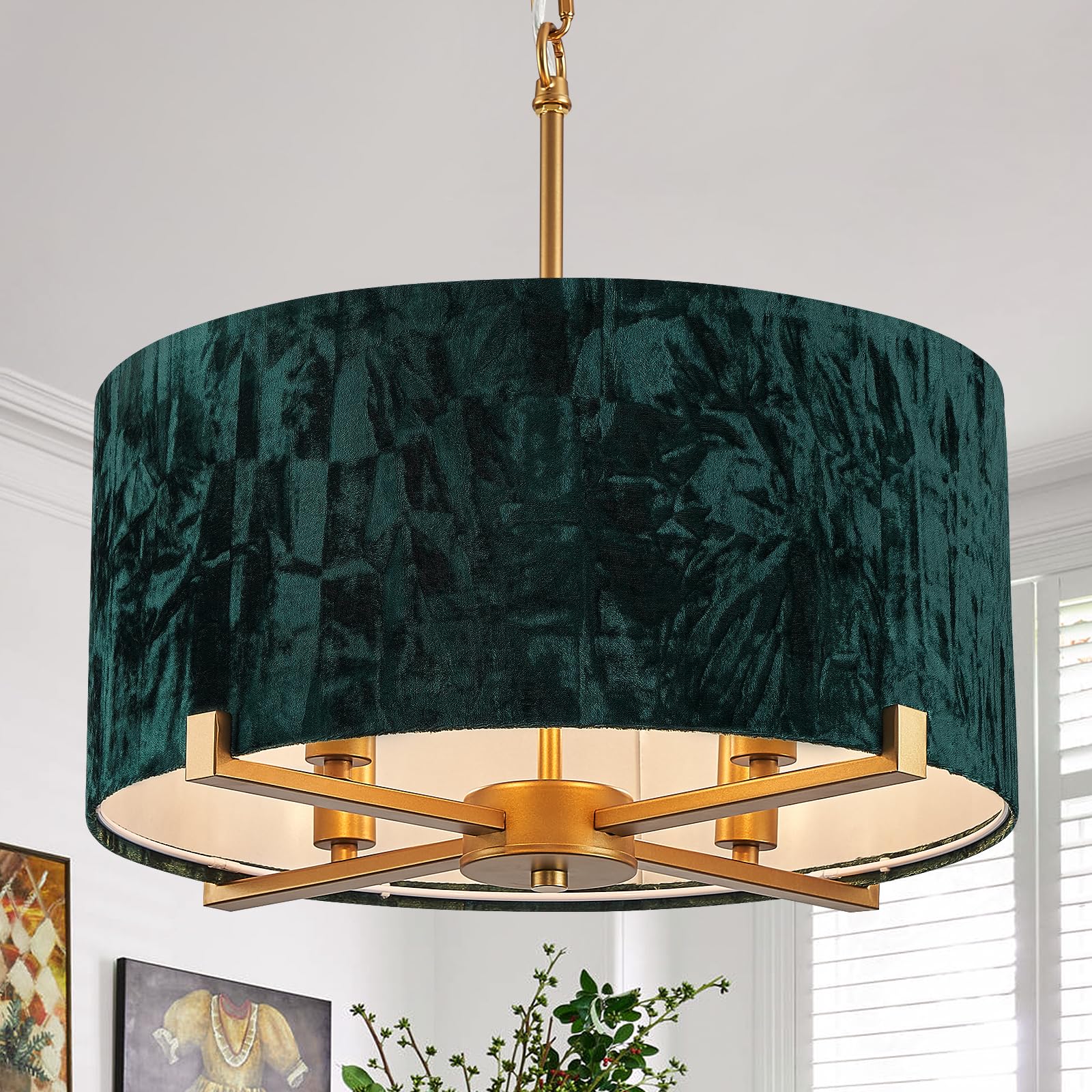Catiner 4-Light Drum Pendant Chandelier Vintage Gold And Emerald Green 18    Round Pendant Light Fixture For Dining Room Velvet 