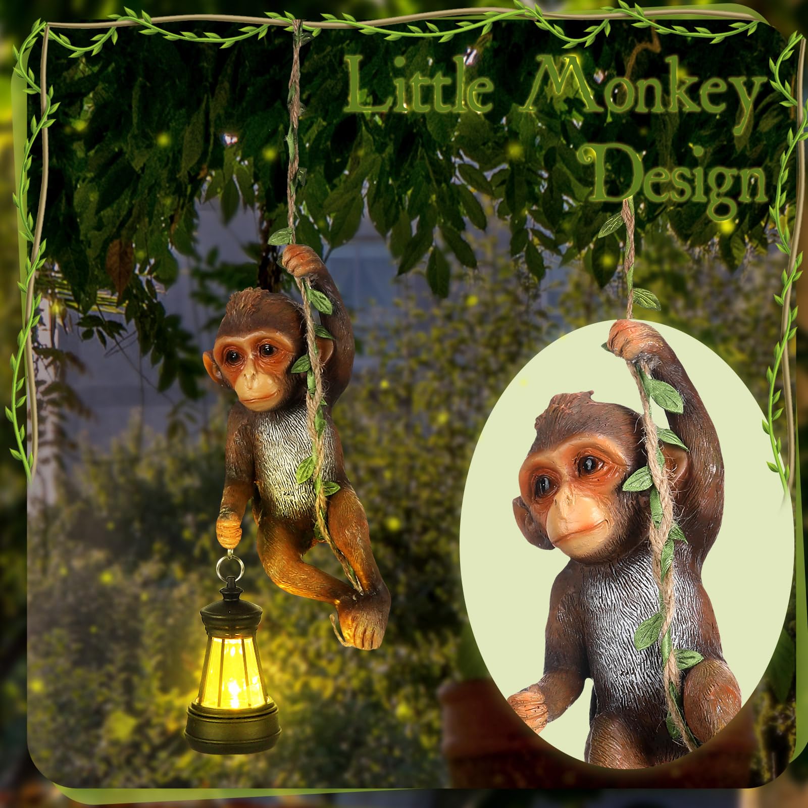 Rossesay Solar Light Outdoor Statues 7.48'' H Resin Chimpanzee Baby Monkey Climbing On A 19.68'' L Vine With Led Lantern Waterpr