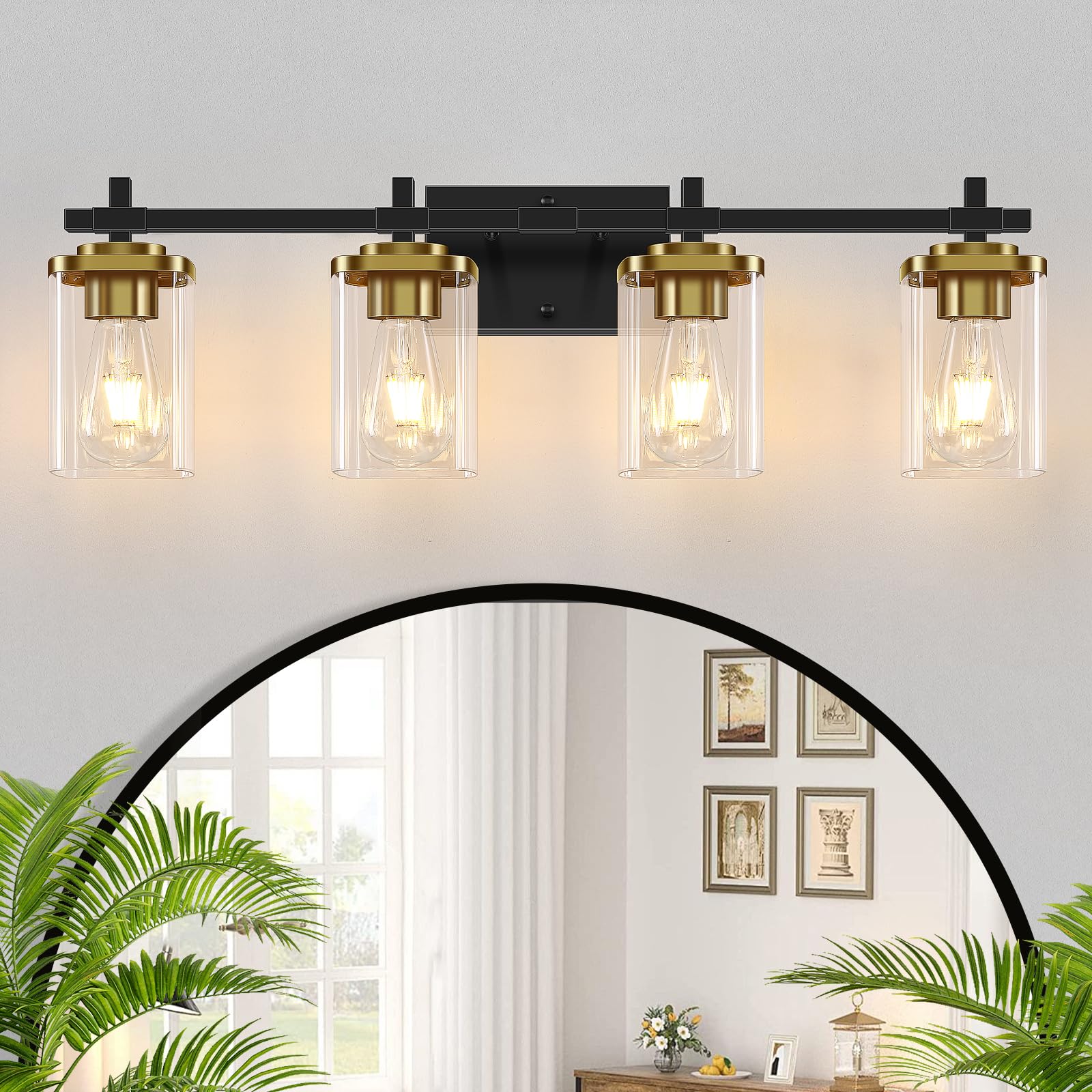 Spiglamm 4-Lights Black And Gold Bathroom Vanity Light, Modern Bathroom Wall Sconces Lighting With Clear Glass Shade, Gold Vanit