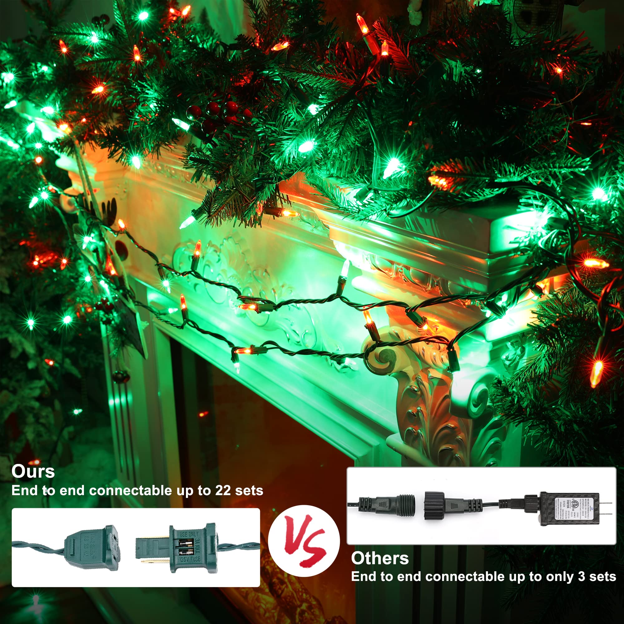 Brizled Red & Green Christmas Lights, 33ft 100 LED Christmas String Lights, 120V UL Certificated Xmas Tree Light Connectable, Mi