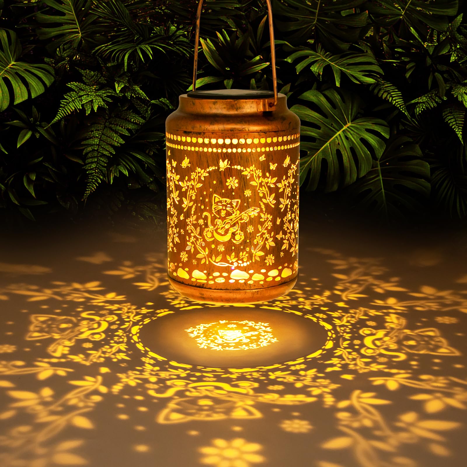 YISITEONE Cat Outdoor Solar Lanterns, Waterproof Metal Hanging Lights for Patio, Brown, Model ES04250500000