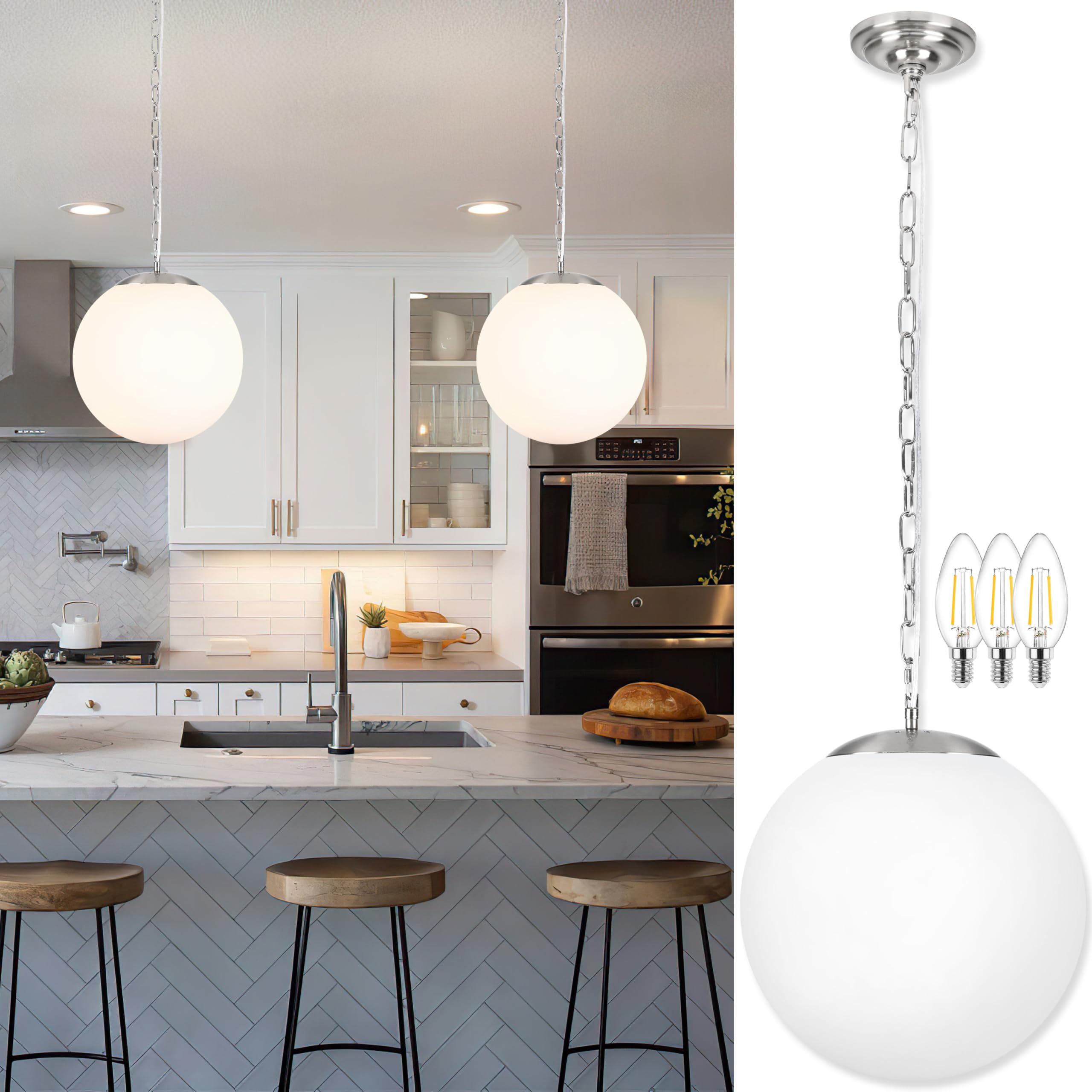 KoKo&Yukina 13.7 Inch Nickel Globe Pendant Light Adjustable Globe Pendant Lights Kitchen Island Mid Century Light Fixture with M