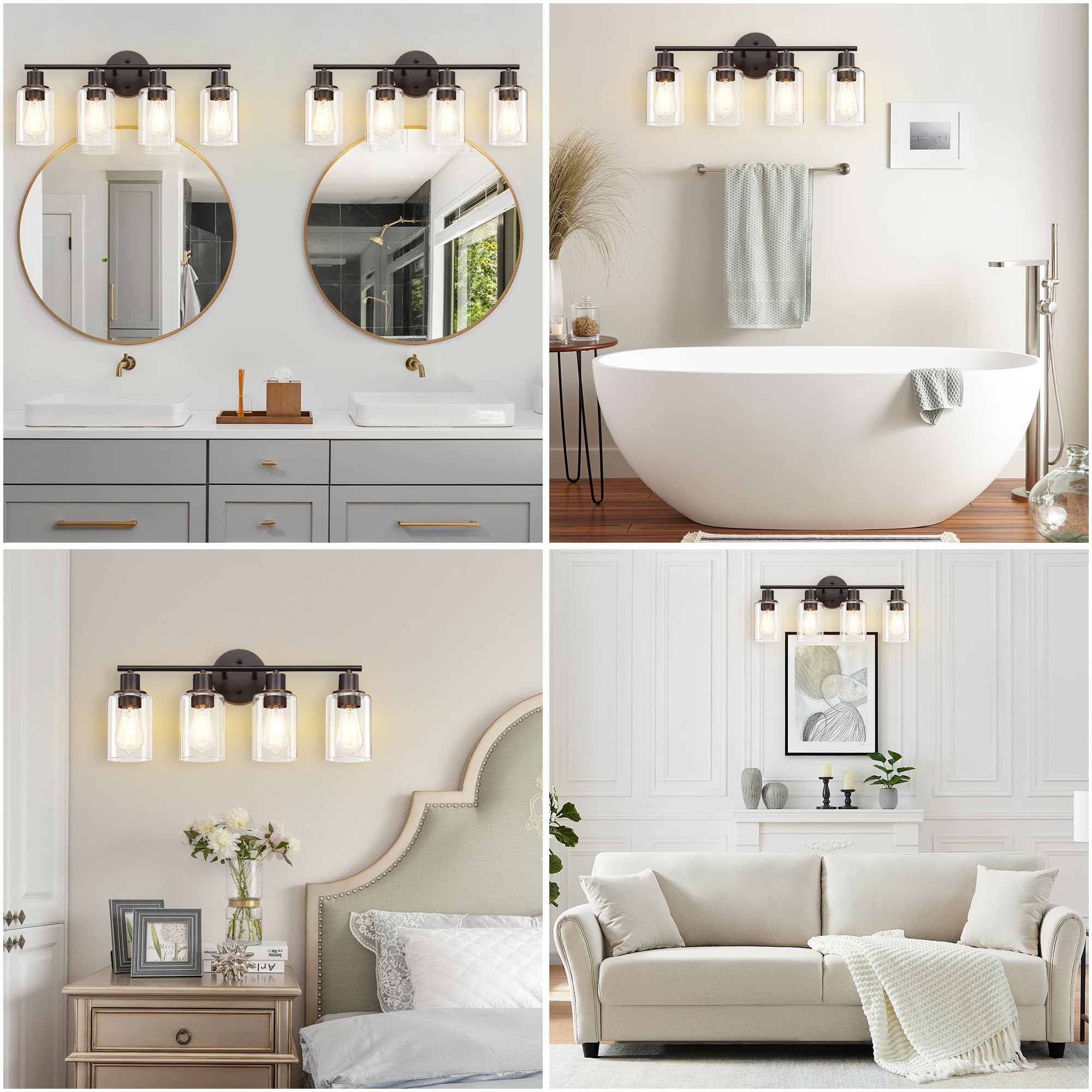 Pia Ricco Bathroom Vanity Light Fixtures, 4-Light Bathroom Wall Lights with Clear Glass Shades, Oil Rubbed Bronze Modern Wall Sc