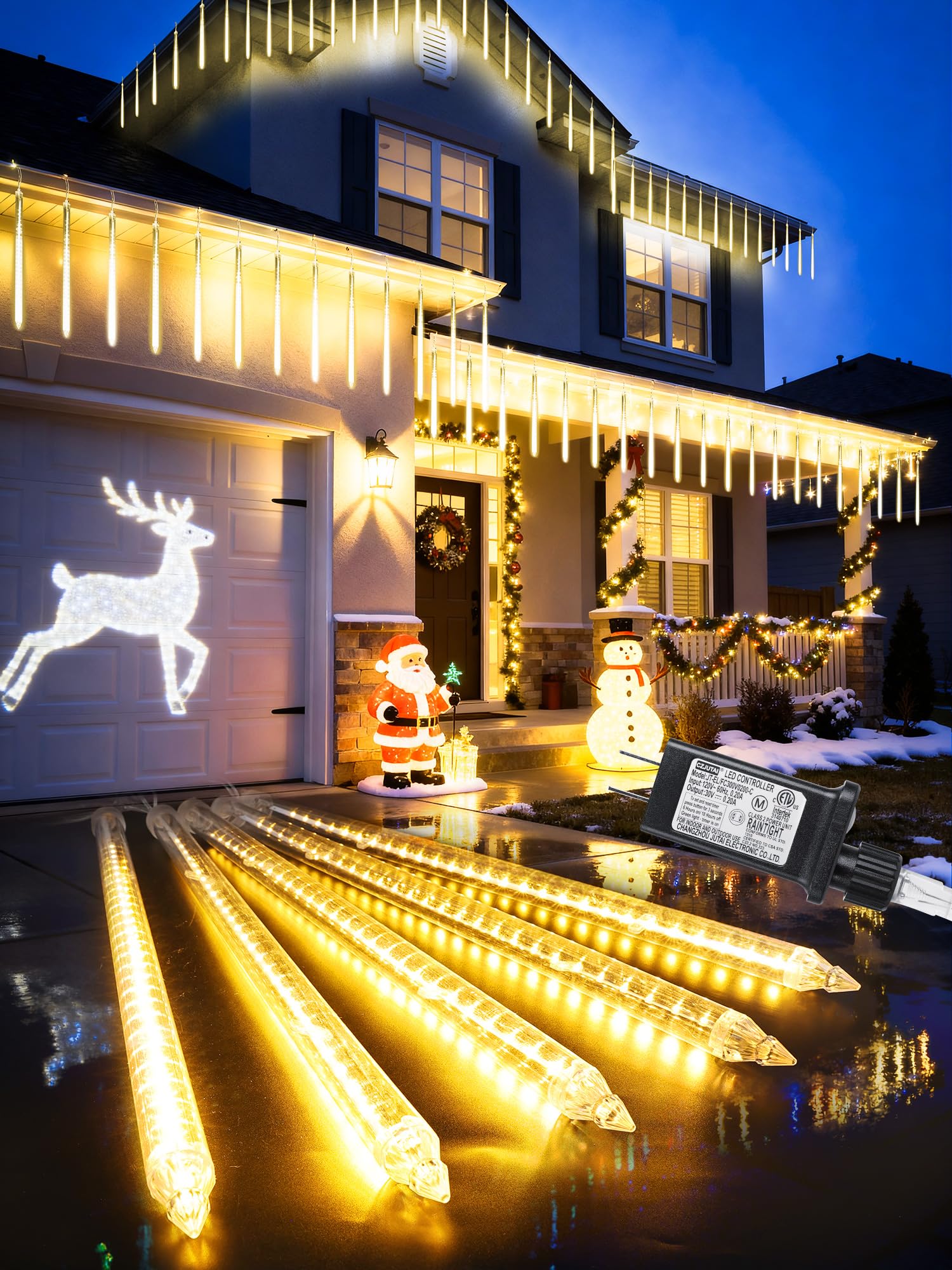 Flacchi Icicle Lights - 270 LED Warm White Cascading Raindrop Lights, 20in 5 Tubes, Outdoor Waterproof Christmas Decorations, Model GP-SW050DC1200T