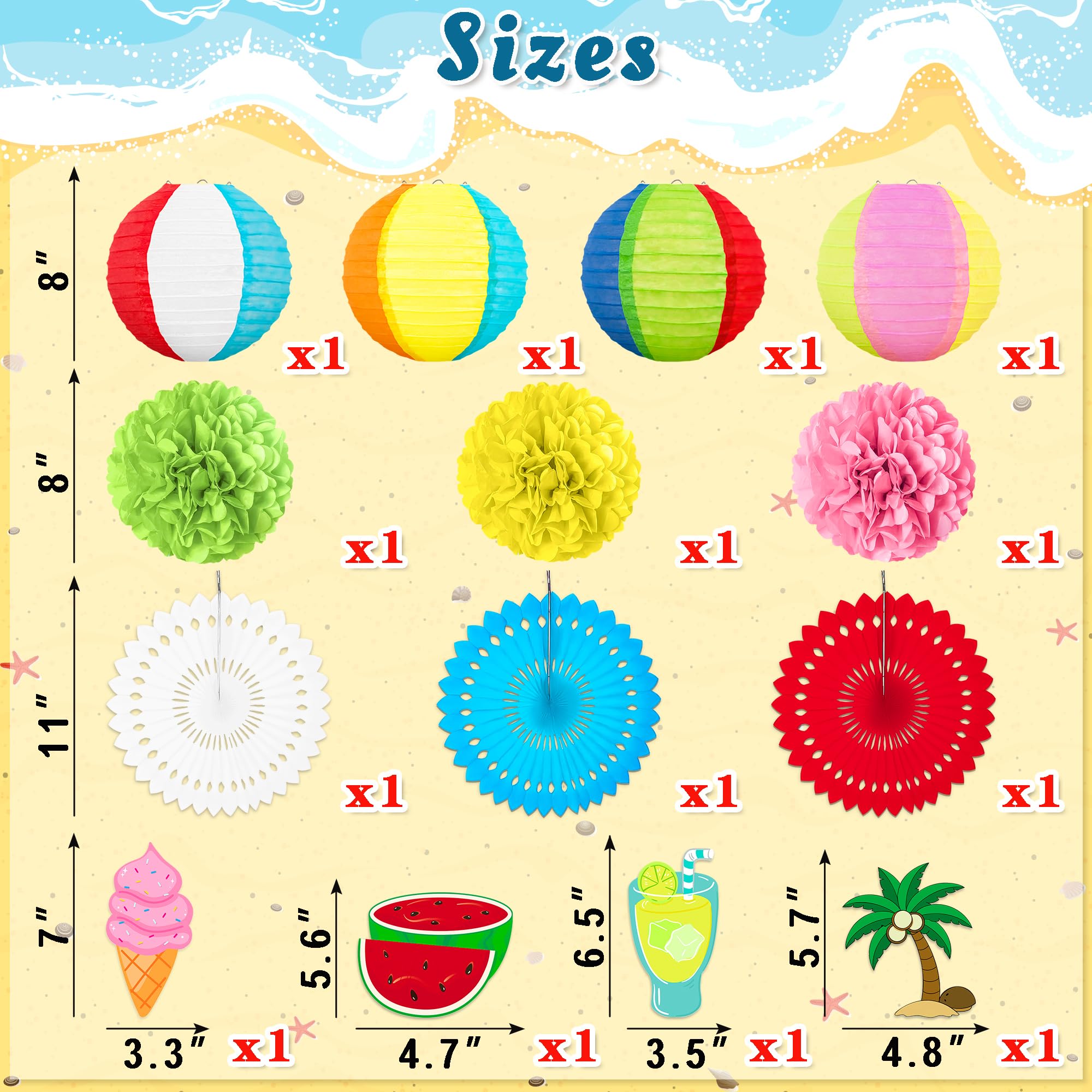 14Pcs Beach Party Decorations Paper Lanterns Fans Pom Poms Hanging Swirls - Luau Pool Summer Hawaiian Tropical Themed Decor For